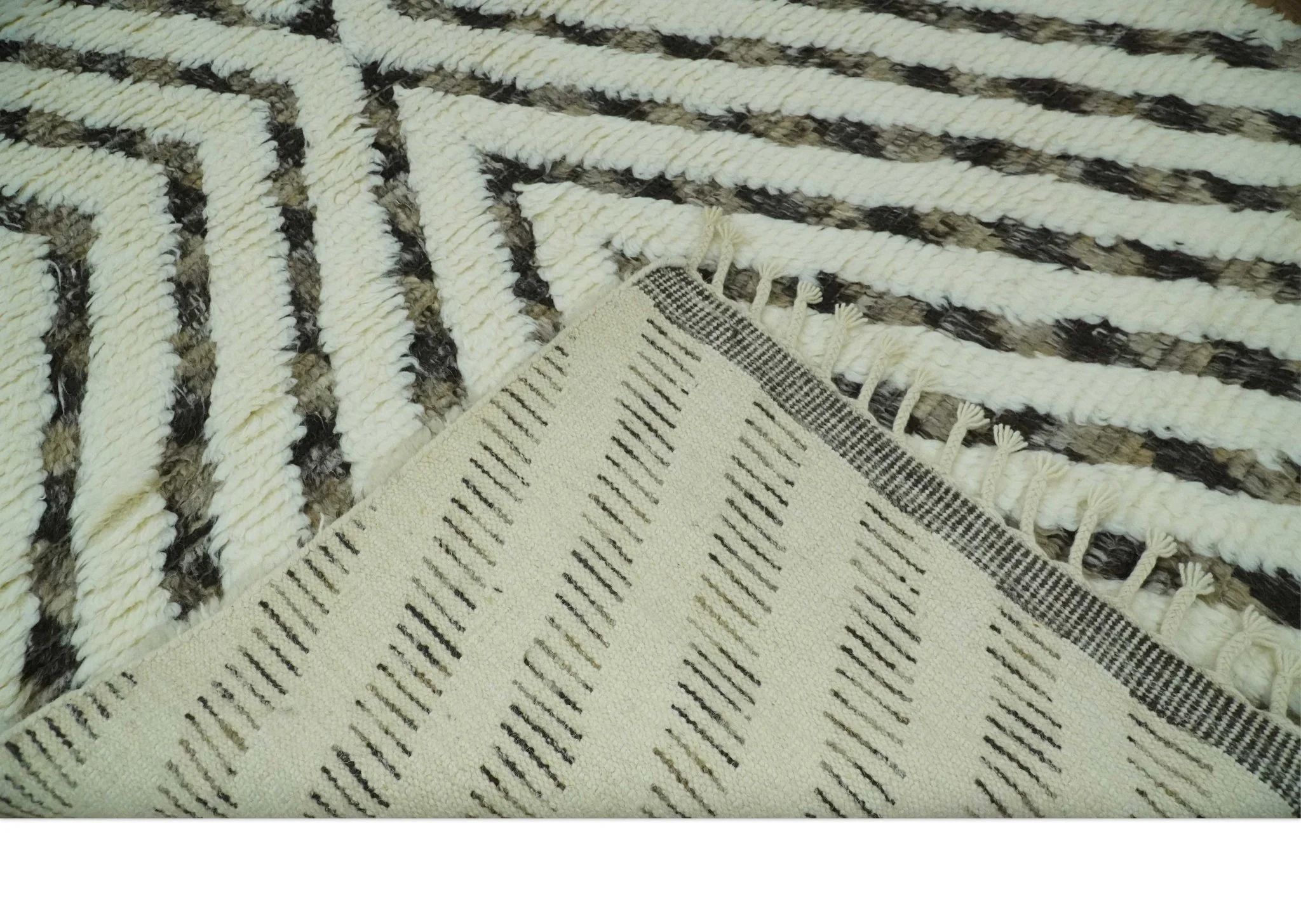 Ivory, Beige and Charcoal Modern Stripes Plush Pile Moroccan Style Hand knotted 5x8 wool Area Rug - Image 9
