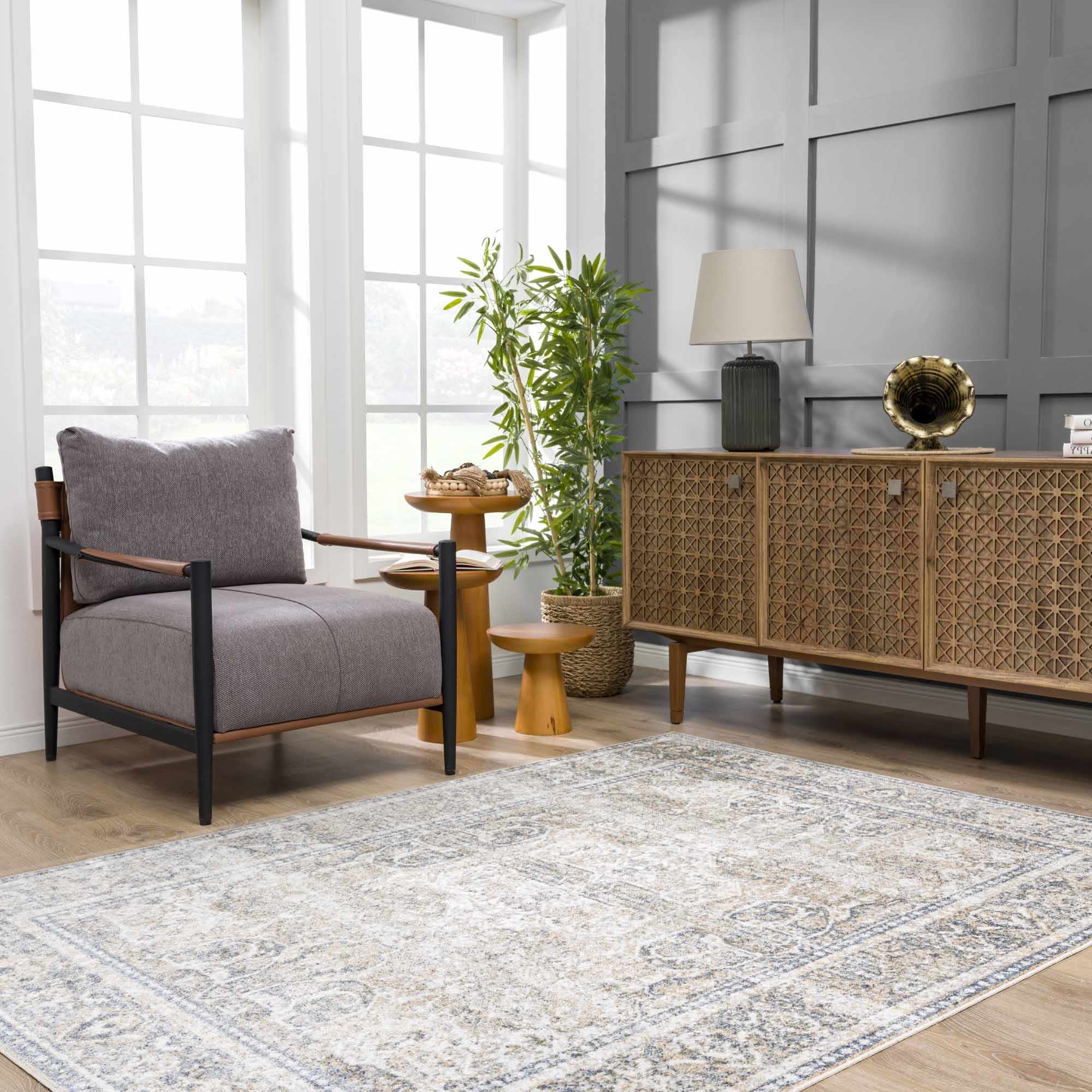 Ivory, Beige and Charcoal Vintage Style Traditional Oriental design Washable Area Rug - Image 20