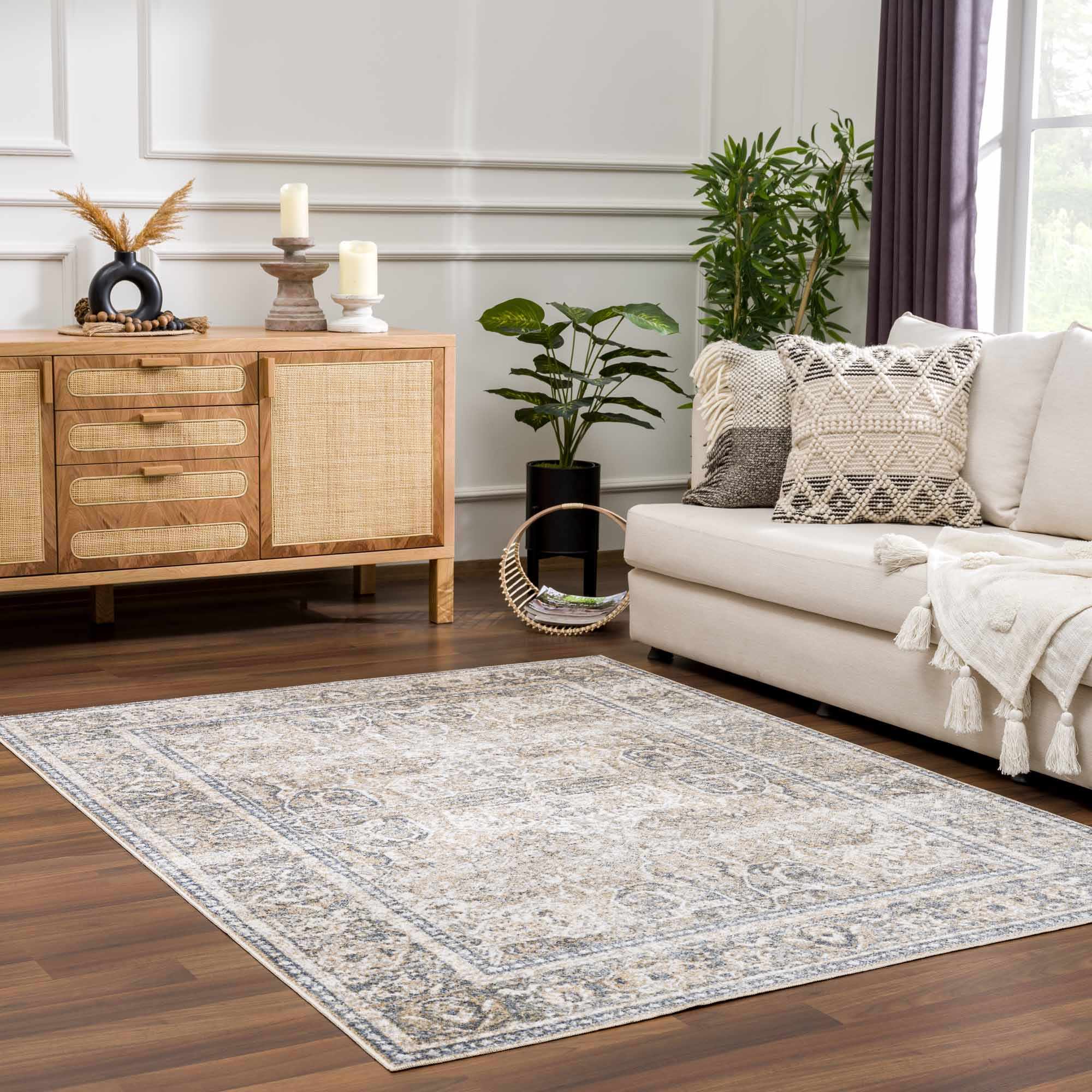 Ivory, Beige and Charcoal Vintage Style Traditional Oriental design Washable Area Rug - Image 3