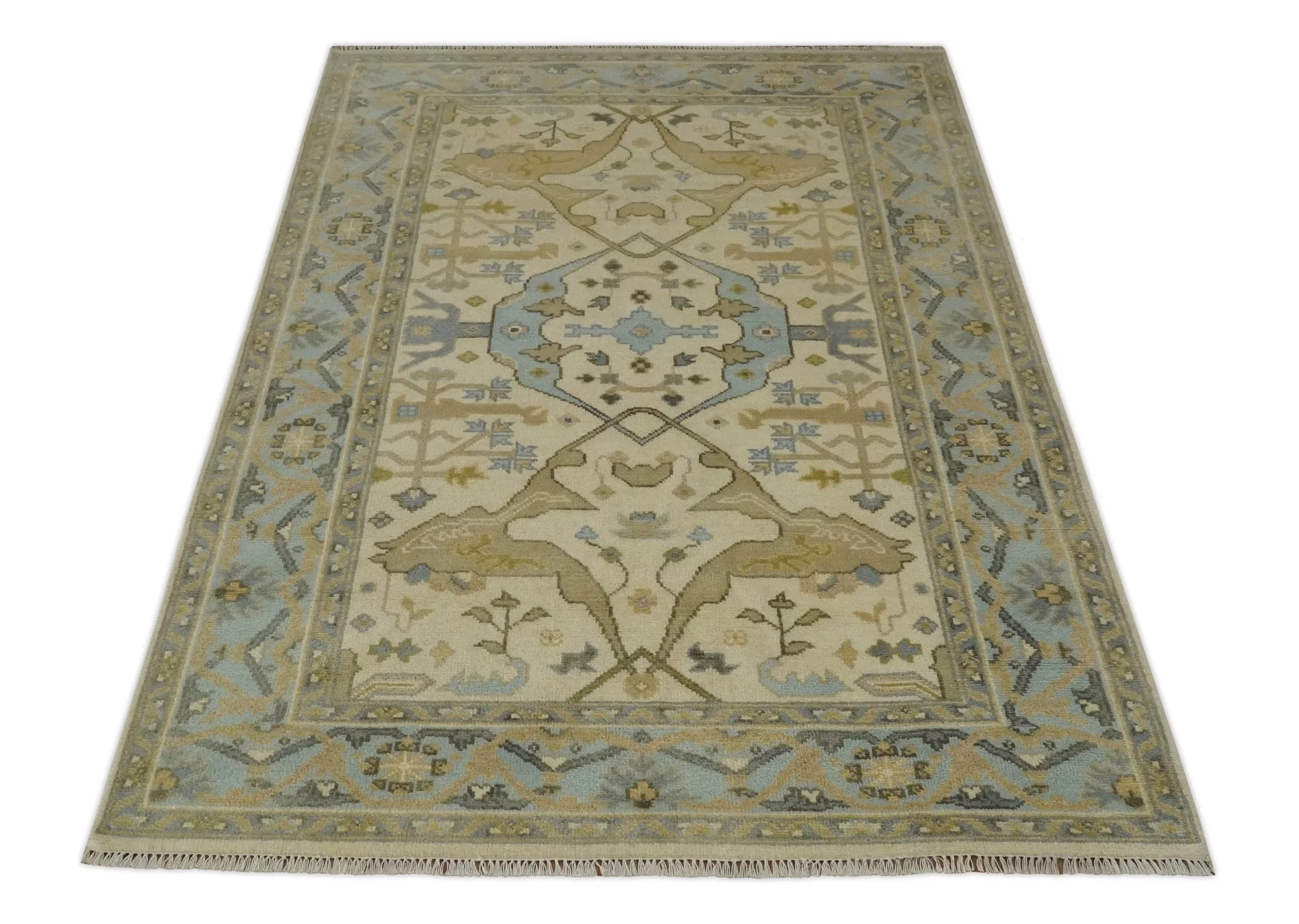 Vintage Style Ivory, Beige and Gray 6x9 Hand Knotted Traditional Oriental Oushak wool rug - Image 10