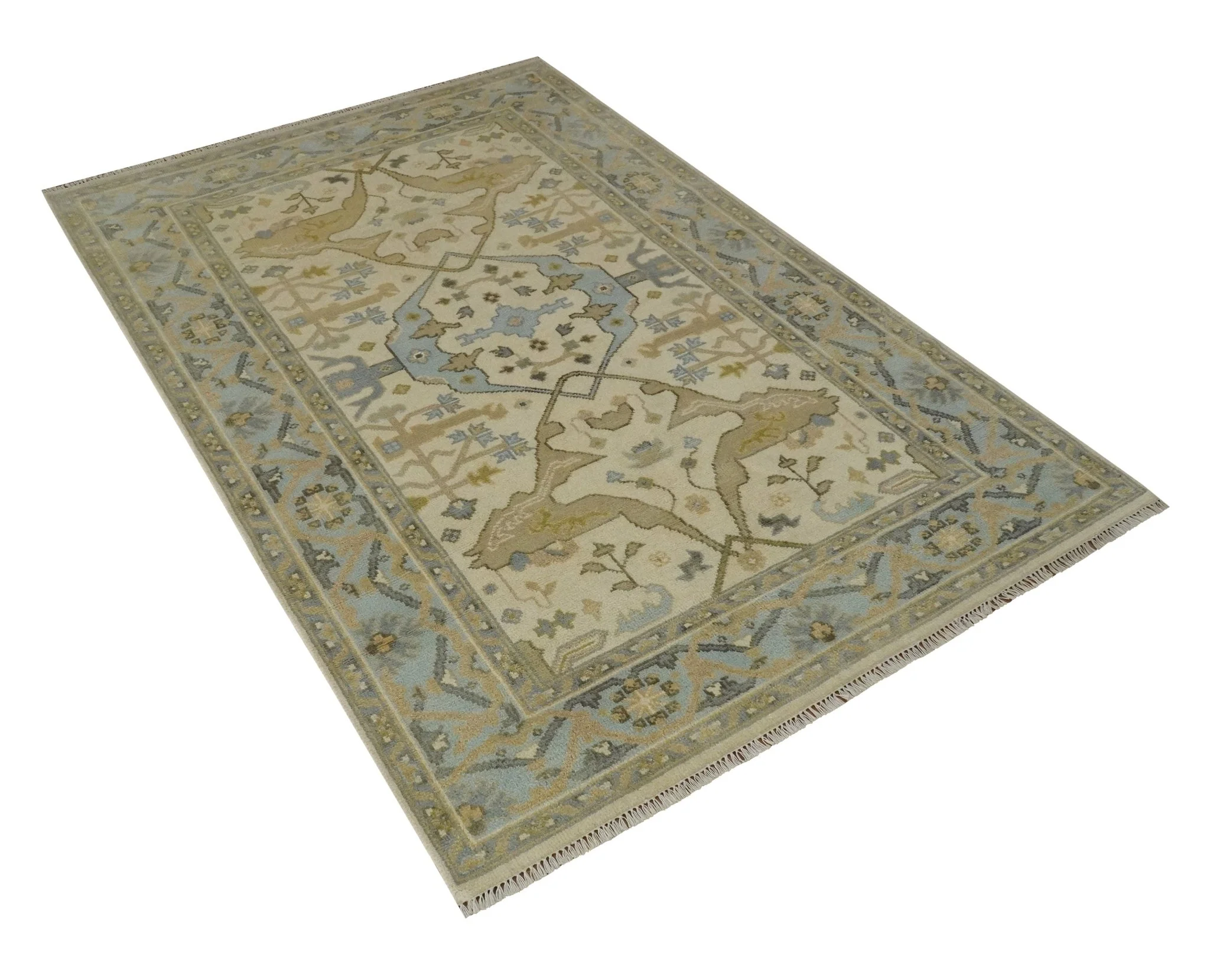 Vintage Style Ivory, Beige and Gray 6x9 Hand Knotted Traditional Oriental Oushak wool rug - Image 9