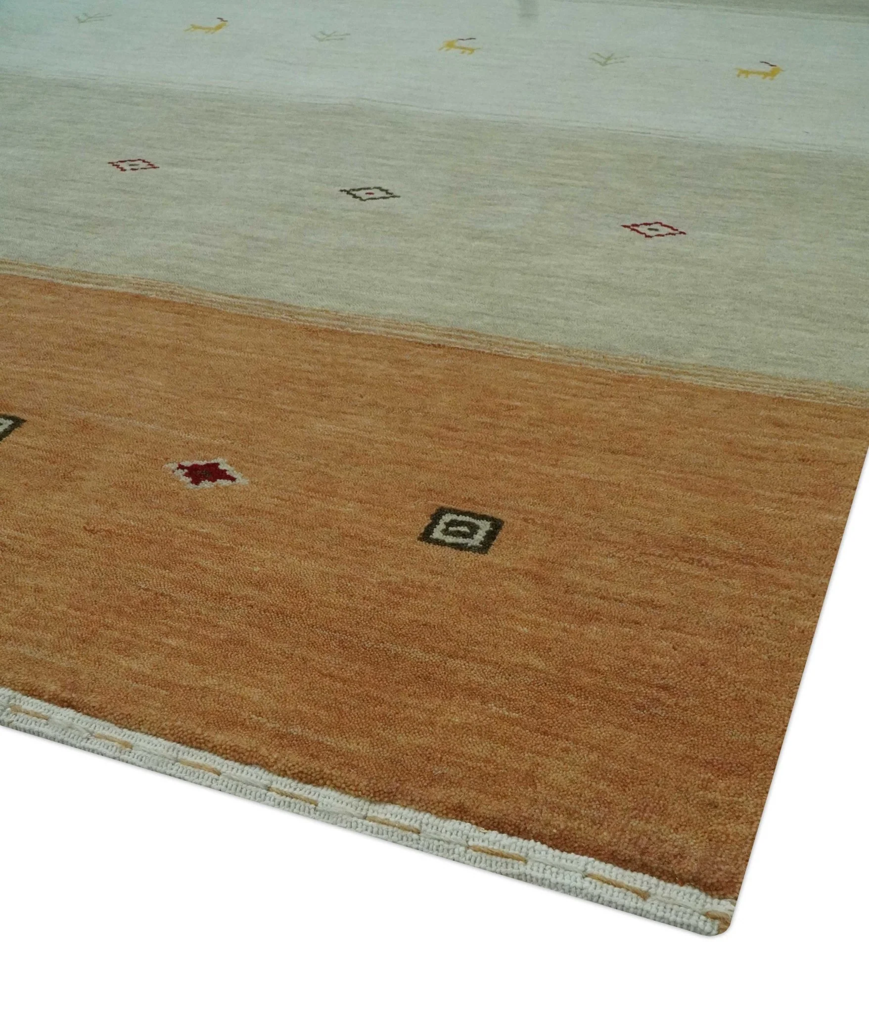 Custom Made Ivory, Beige and Rust Geometrical stripes Design Hand loom Wool Area Rug - Image 5