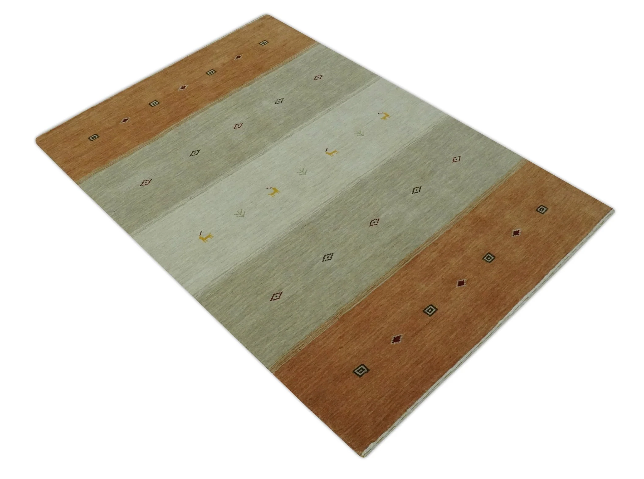 Ivory, Beige and Rust Geometrical stripes Design Hand loom 4.6x6.6 wool Area Rug - Image 9