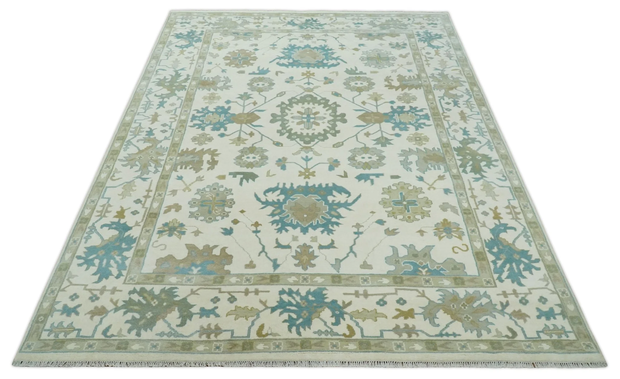 Ivory, Beige and Teal Hand Knotted Antique 9x13 Traditional Oushak Wool Rug - Image 10