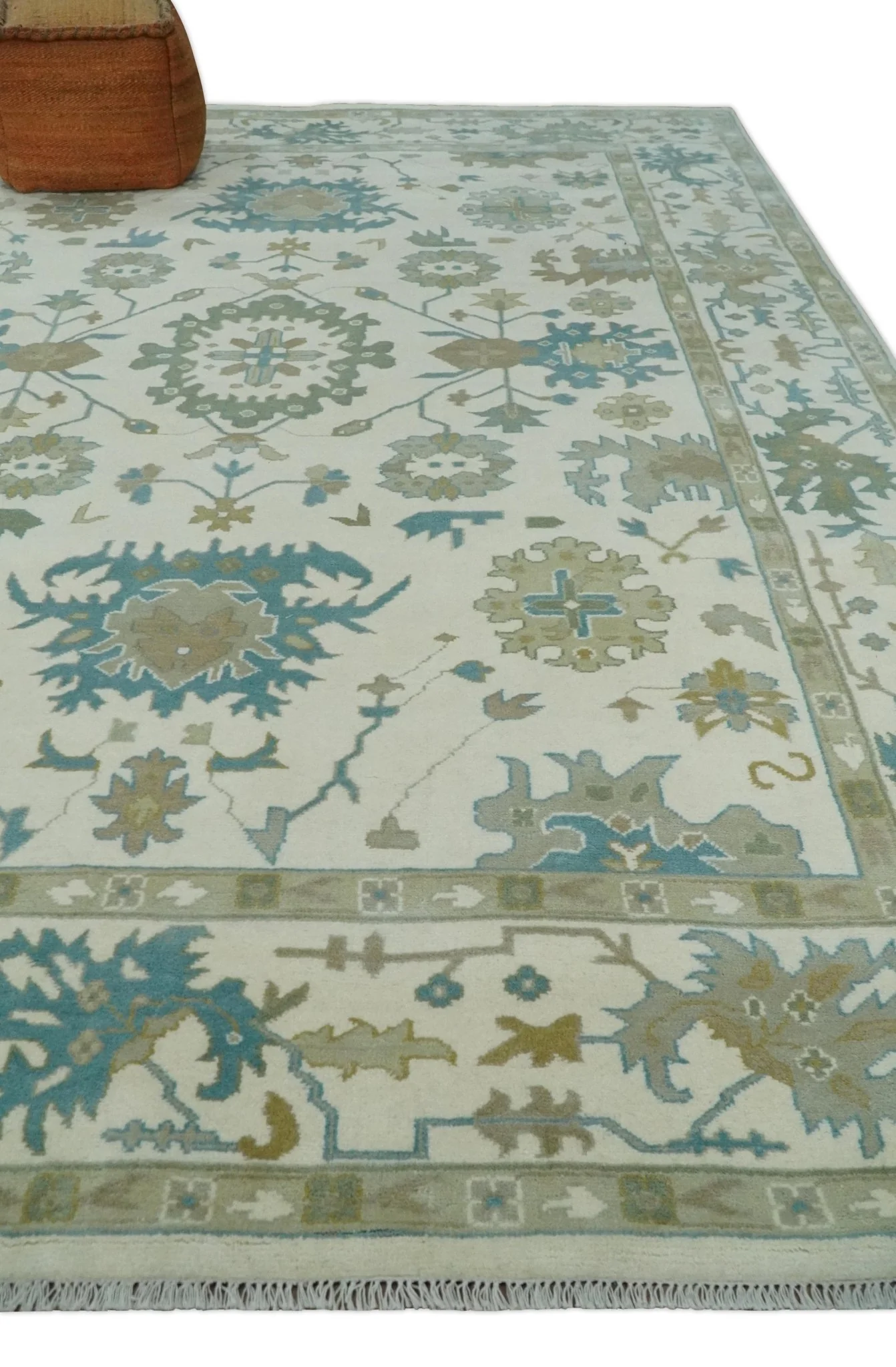 Ivory, Beige and Teal Hand Knotted Antique 9x13 Traditional Oushak Wool Rug - Image 3