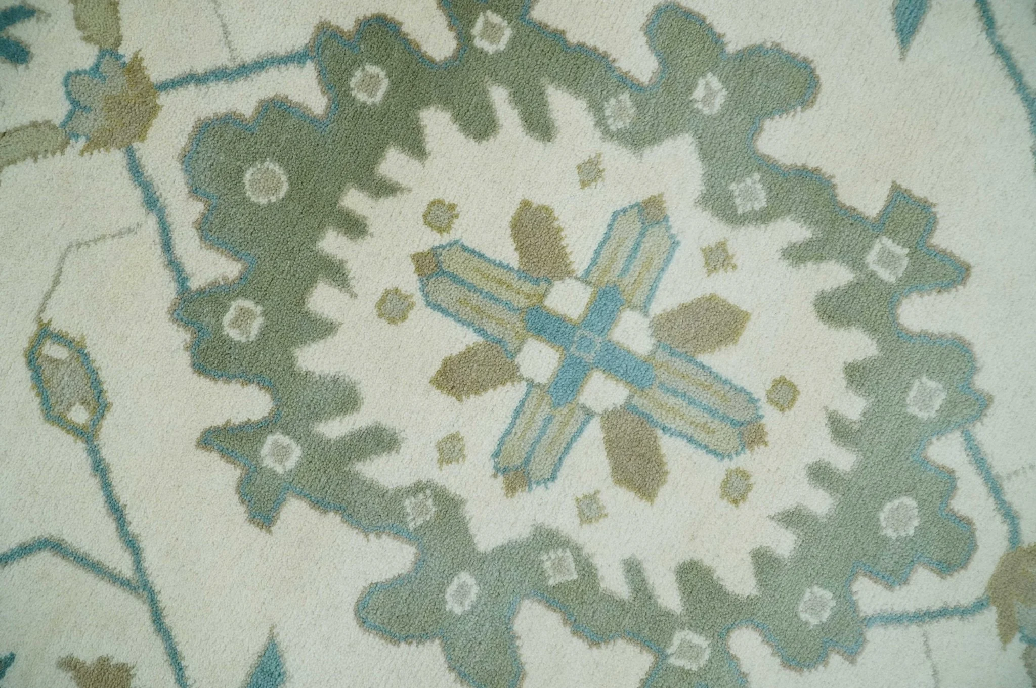 Ivory, Beige and Teal Hand Knotted Antique 9x13 Traditional Oushak Wool Rug - Image 4
