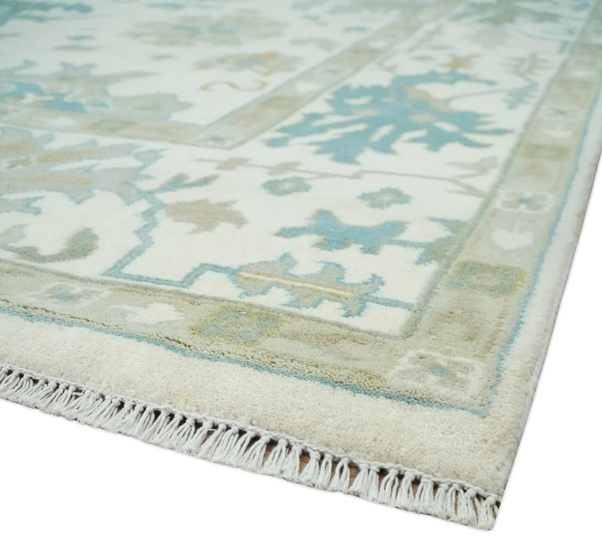 Ivory, Beige and Teal Hand Knotted Antique 9x13 Traditional Oushak Wool Rug - Image 5