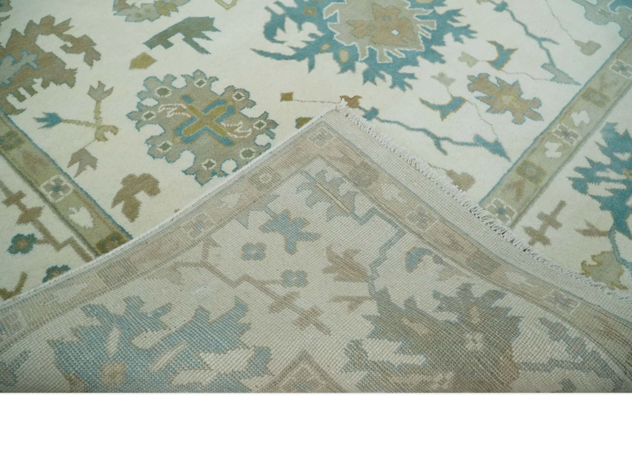 Ivory, Beige and Teal Hand Knotted Antique 9x13 Traditional Oushak Wool Rug - Image 8