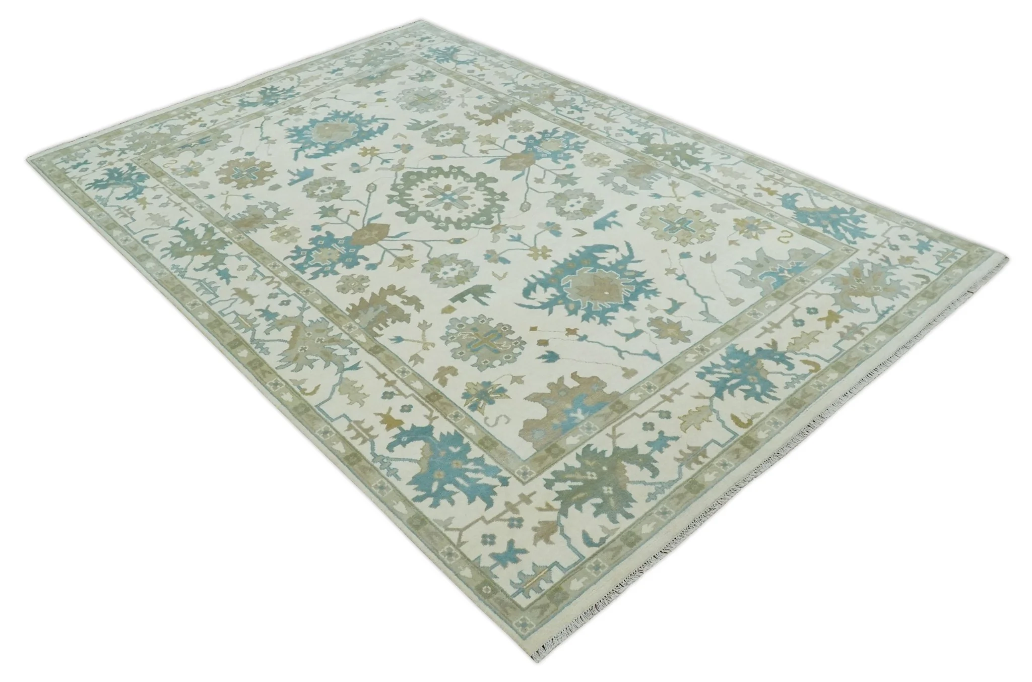 Ivory, Beige and Teal Hand Knotted Antique 9x13 Traditional Oushak Wool Rug - Image 9