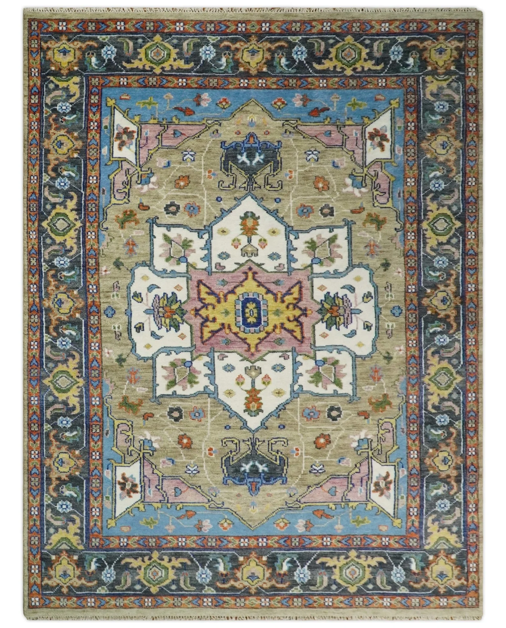 Ivory, Beige, Blue and Charcoal Traditional Heriz Hand Knotted Multi Size wool Area Rug - Image 11