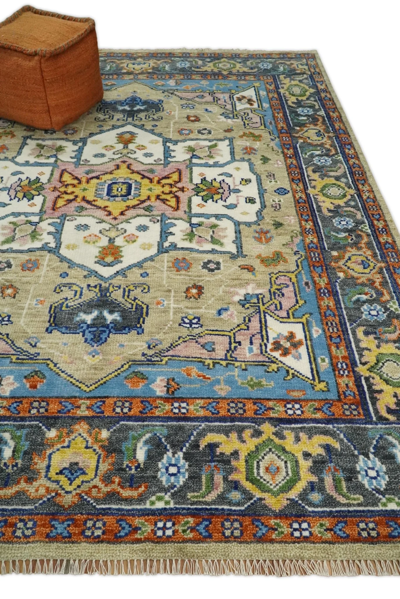 Ivory, Beige, Blue and Charcoal Traditional Heriz Hand Knotted Multi Size wool Area Rug - Image 3