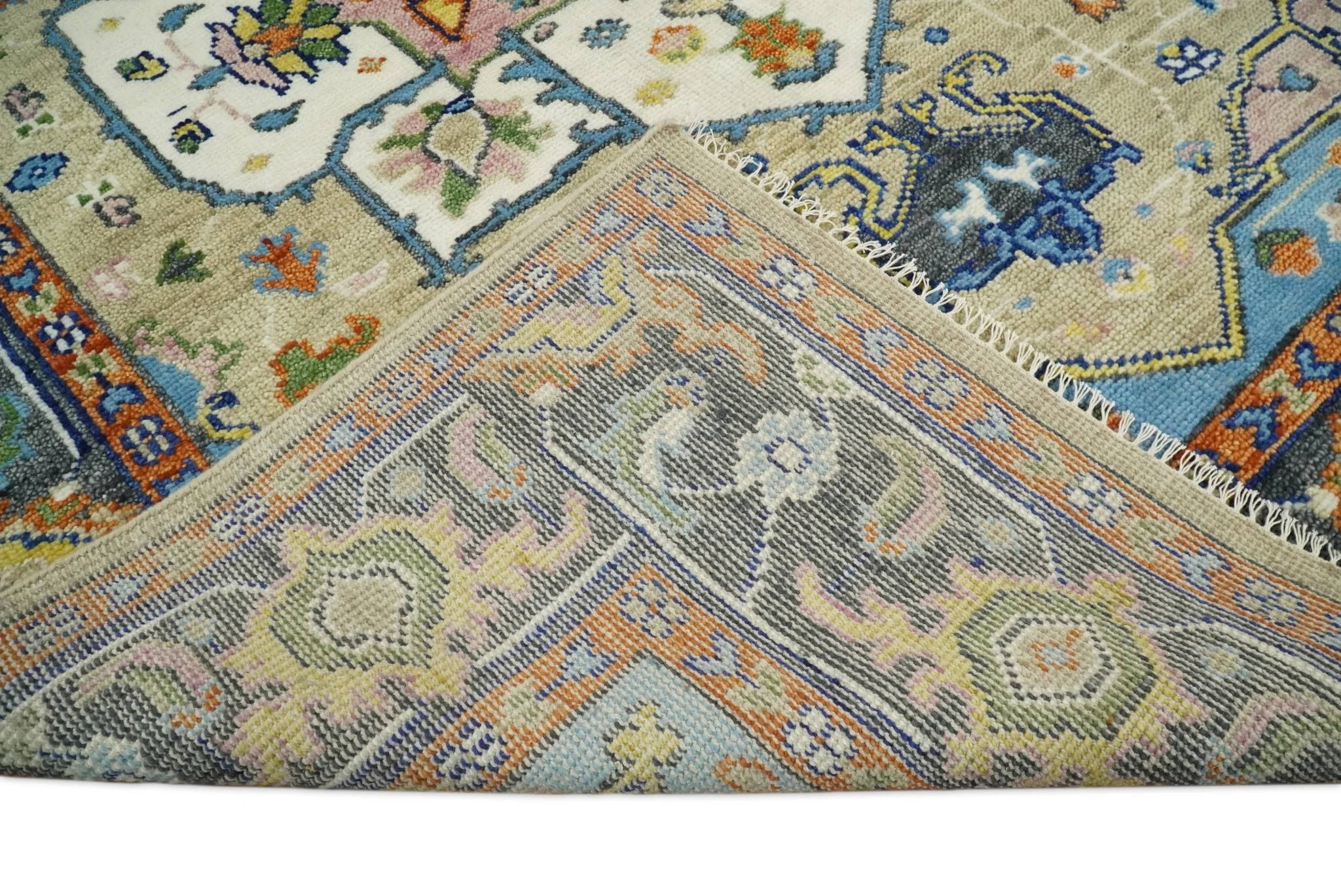 Ivory, Beige, Blue and Charcoal Traditional Heriz Hand Knotted Multi Size wool Area Rug - Image 4