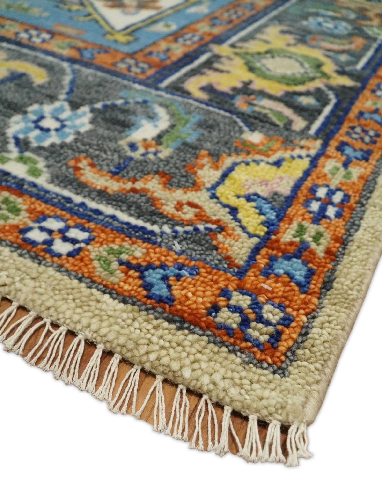 Ivory, Beige, Blue and Charcoal Traditional Heriz Hand Knotted Multi Size wool Area Rug - Image 5