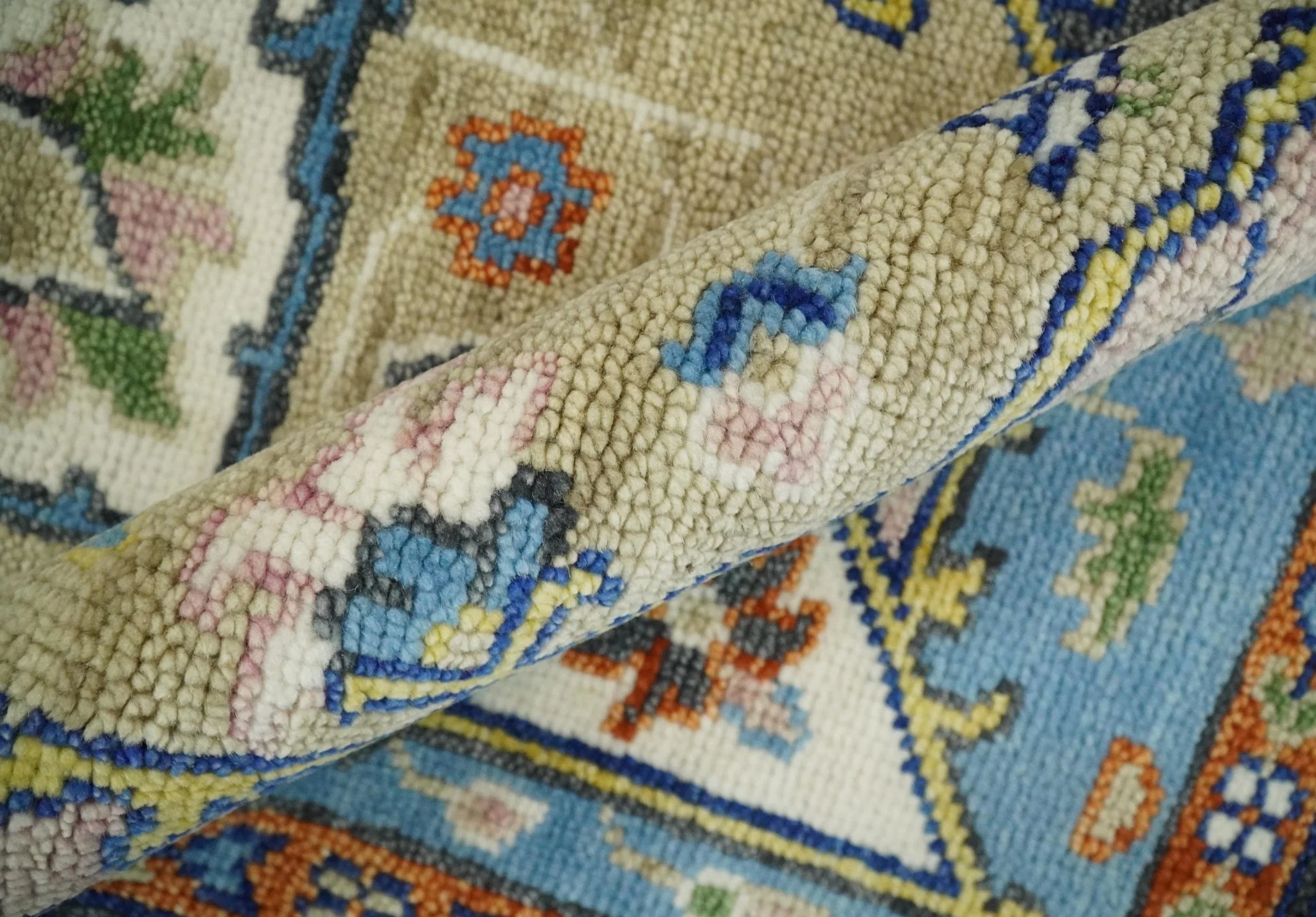 Ivory, Beige, Blue and Charcoal Traditional Heriz Hand Knotted Multi Size wool Area Rug - Image 9