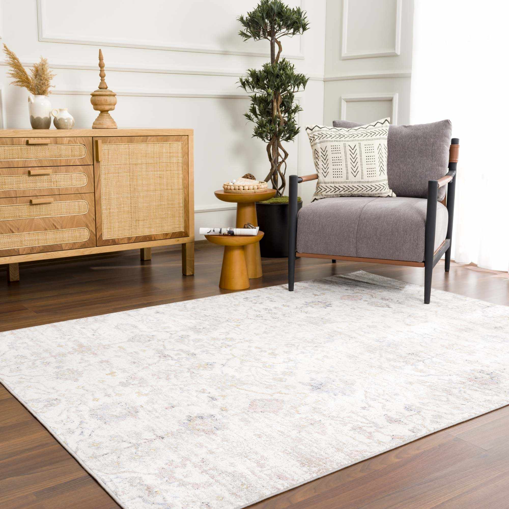 Ivory, Beige, Peach and Charcoal Antique Floral Washable Area Rug - Image 15