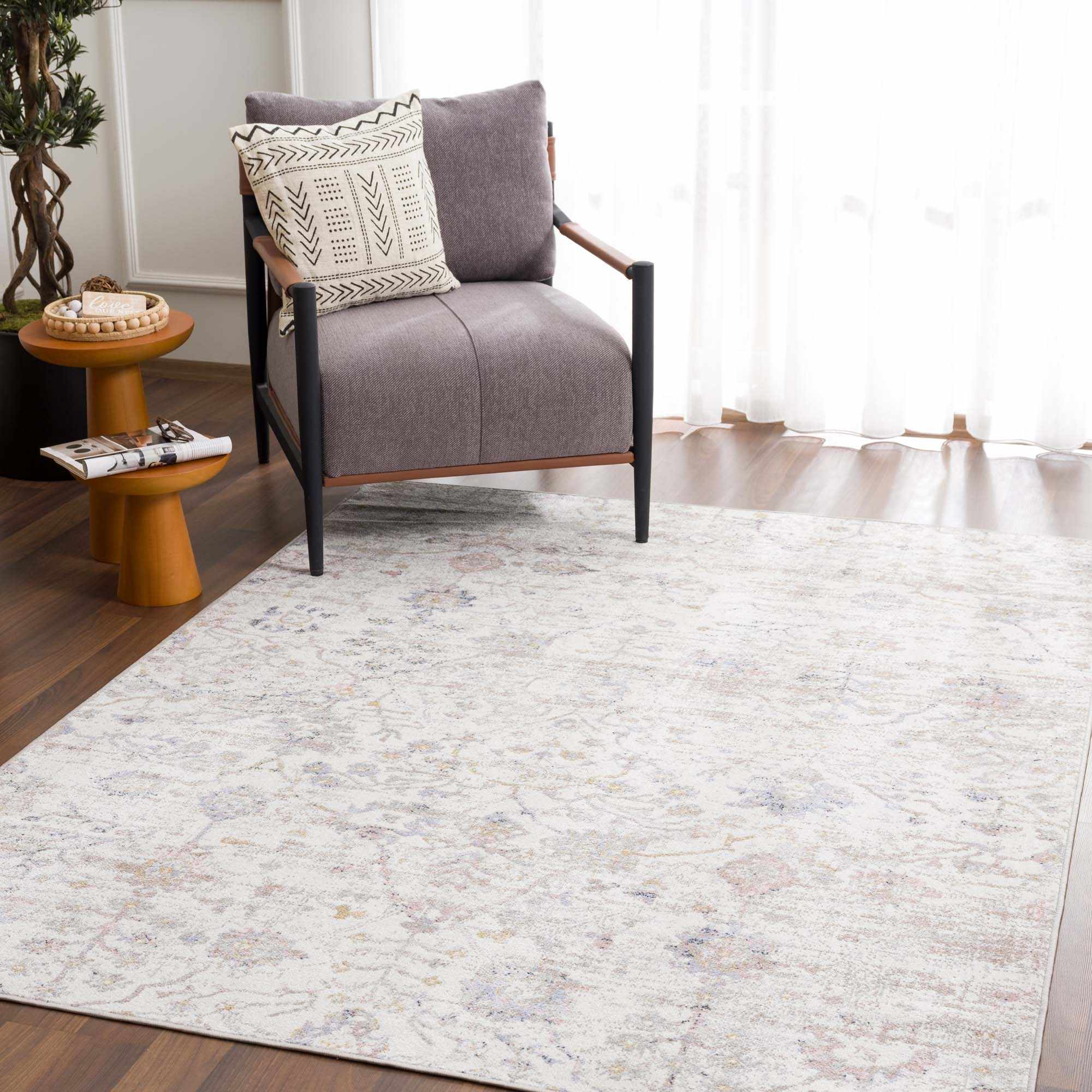 Ivory, Beige, Peach and Charcoal Antique Floral Washable Area Rug - Image 2