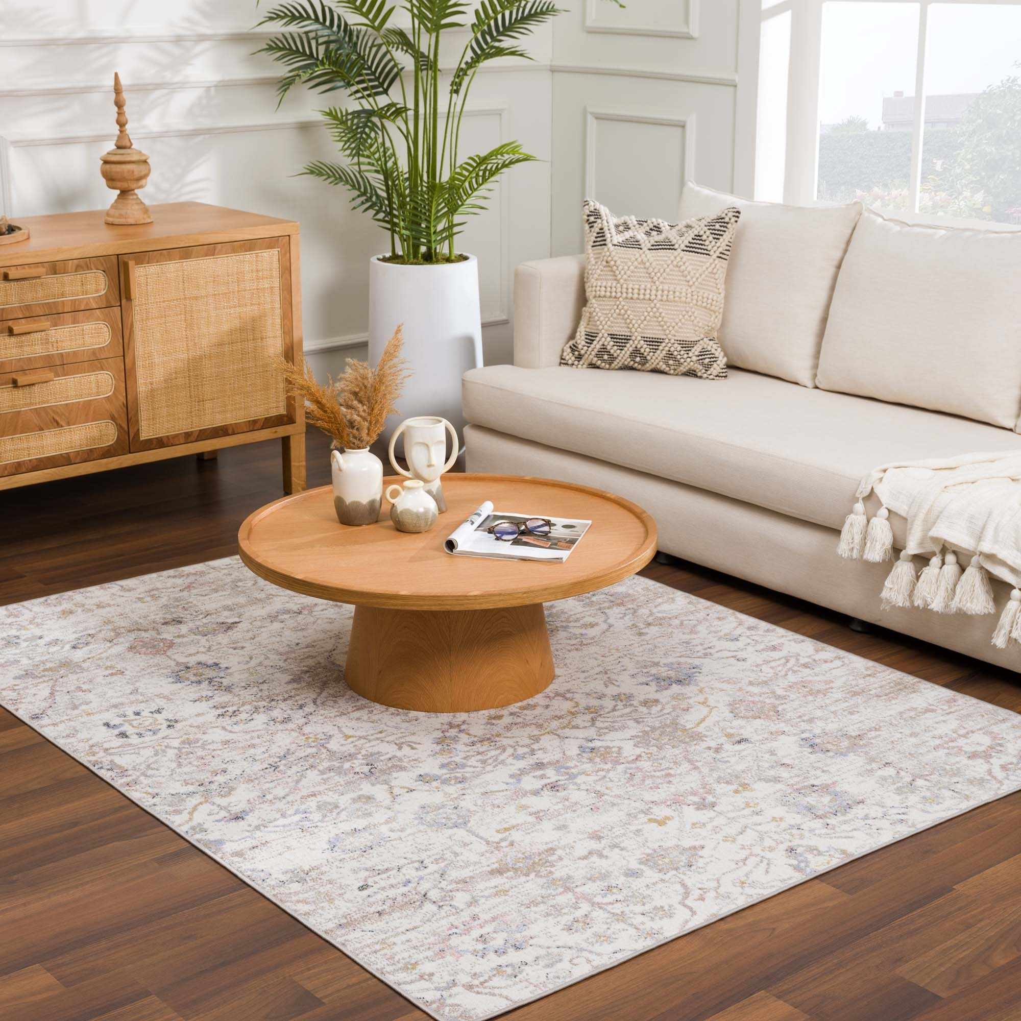 Ivory, Beige, Peach and Charcoal Antique Floral Washable Area Rug - Image 3
