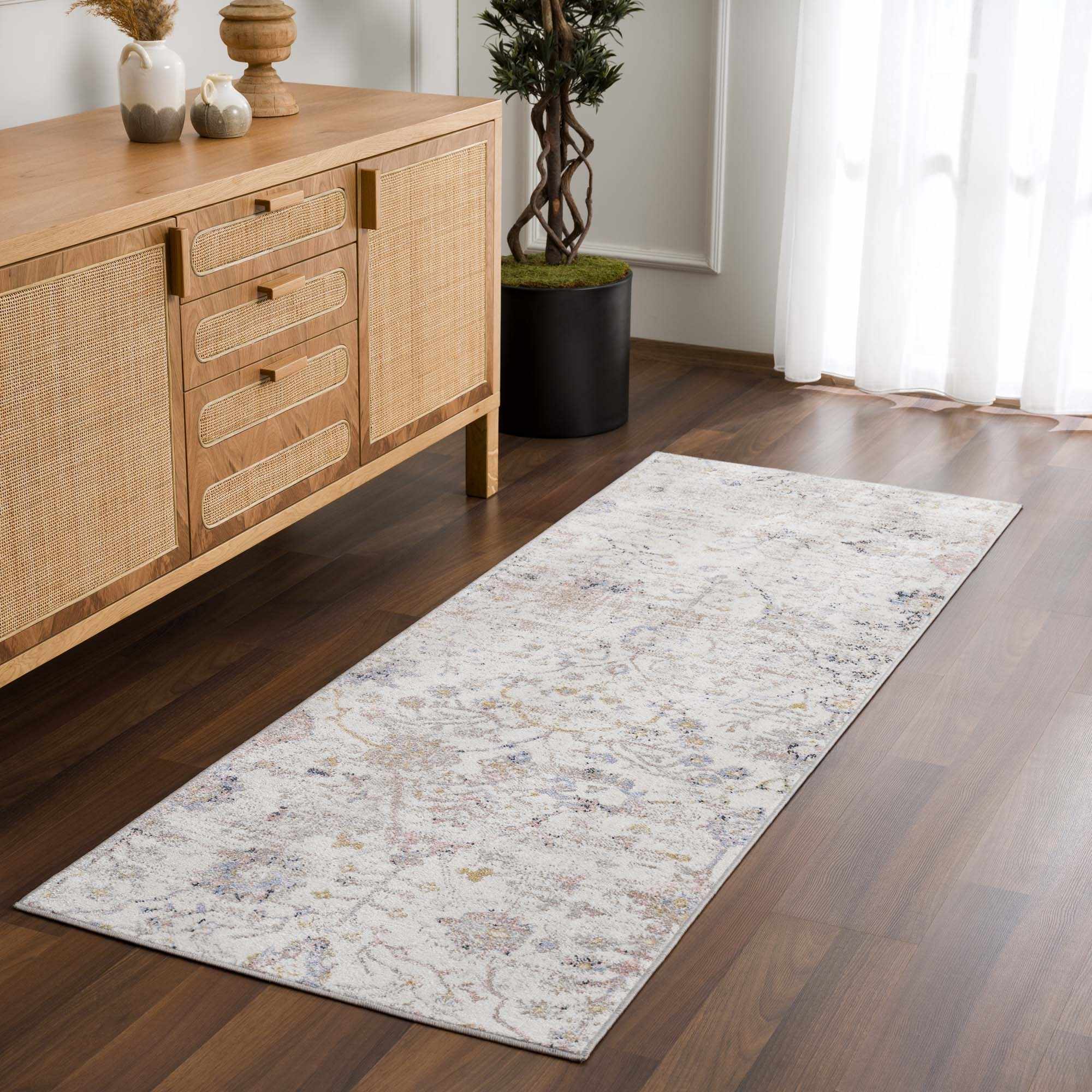 Ivory, Beige, Peach and Charcoal Antique Floral Washable Area Rug - Image 4