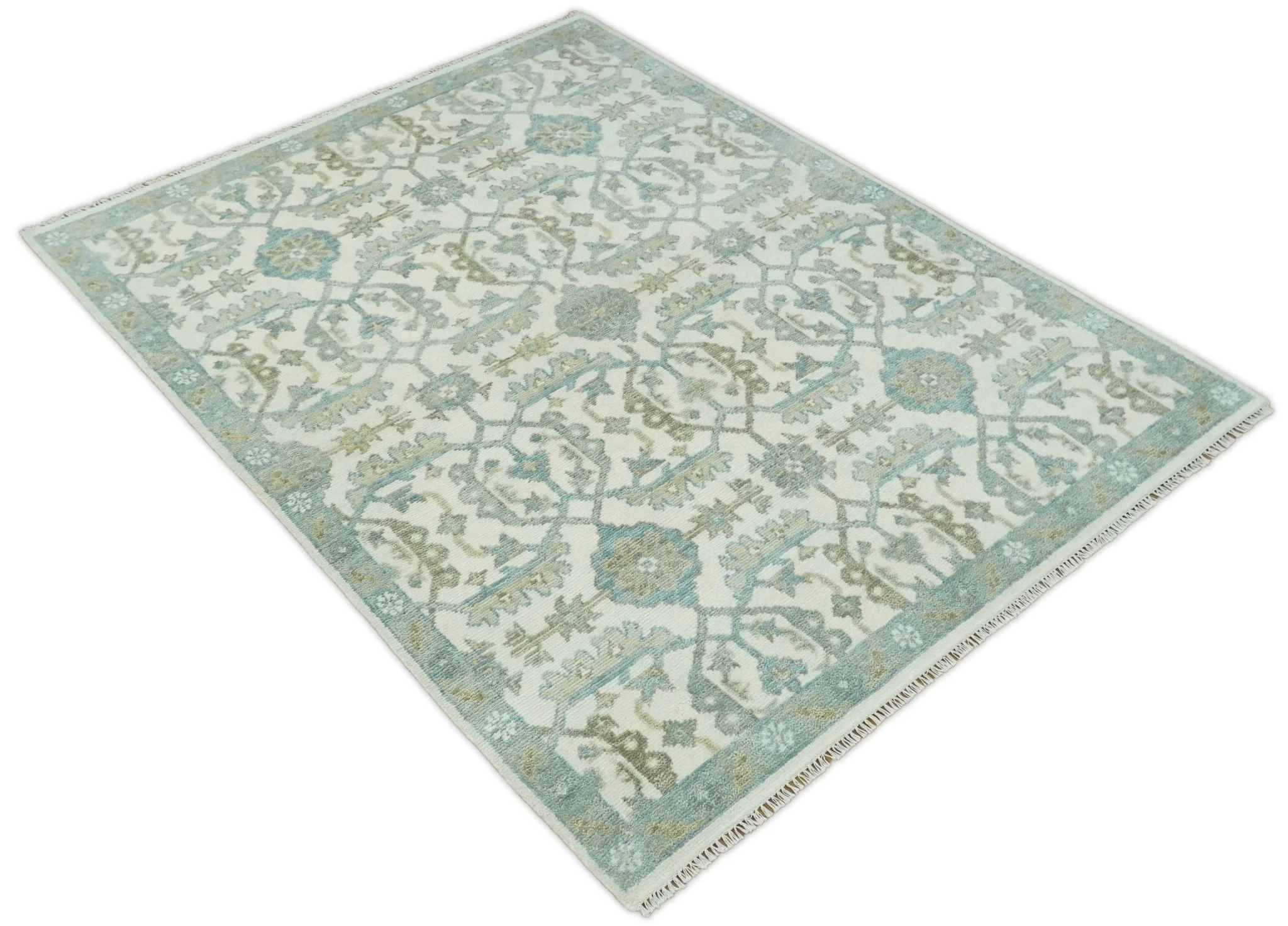 Ivory, Blue and Beige Hand knotted Traditional Large Design Multi Size wool Area Rug - Image 4
