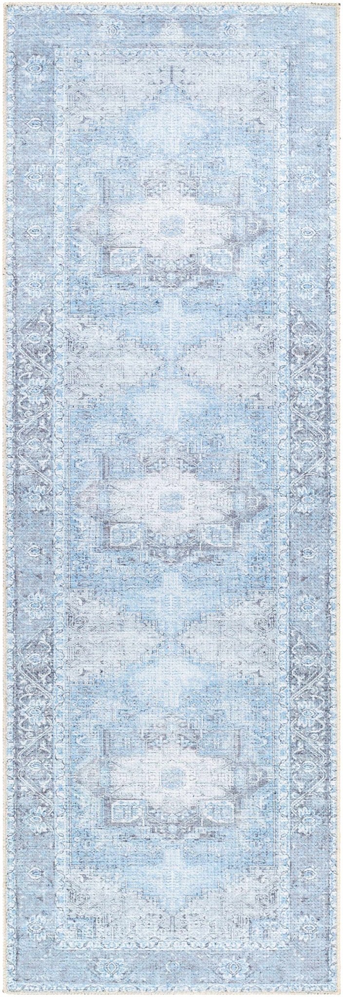 Ivory, Blue and Charcoal Traditional Medallion Design Washable Area Rug - Image 10