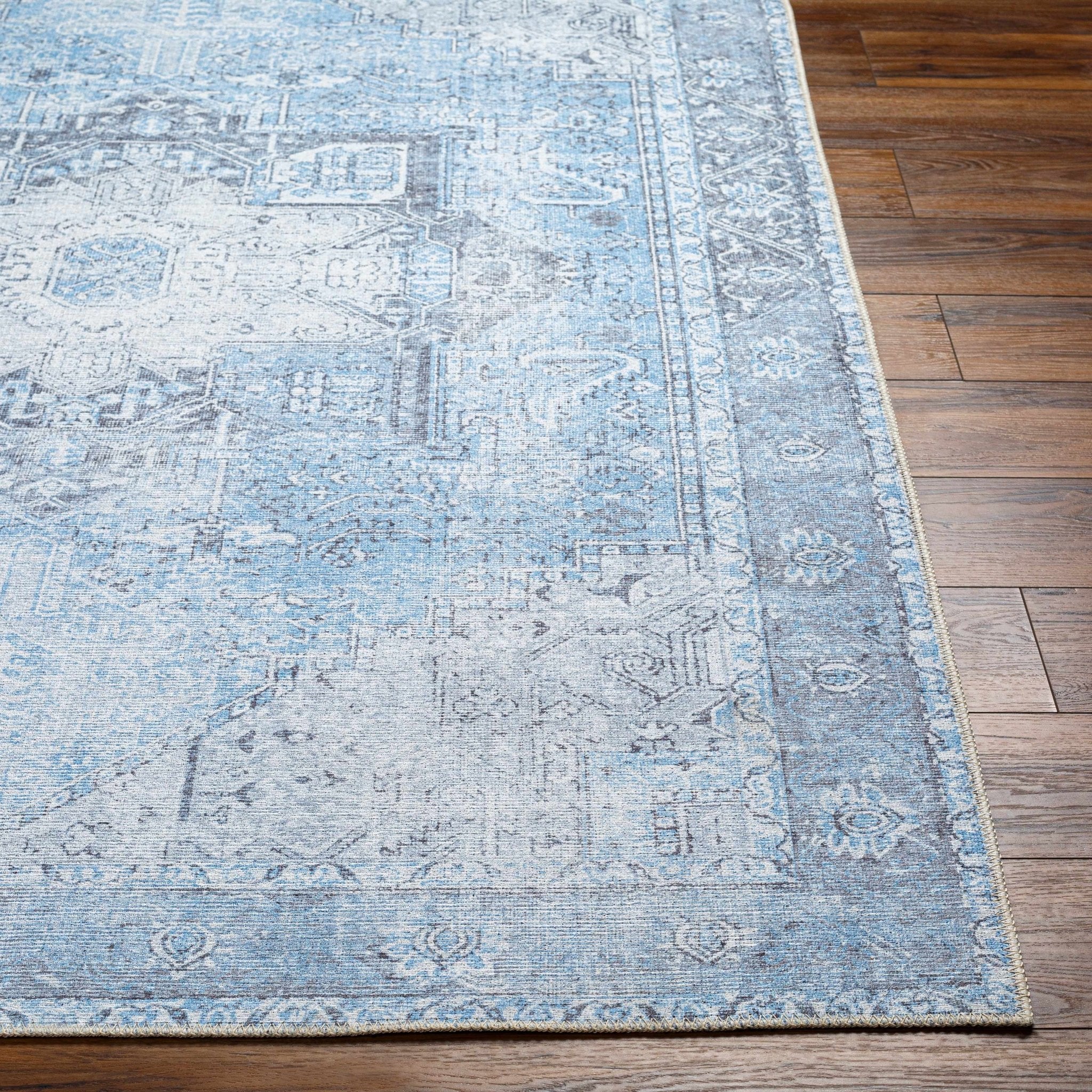 Ivory, Blue and Charcoal Traditional Medallion Design Washable Area Rug - Image 11
