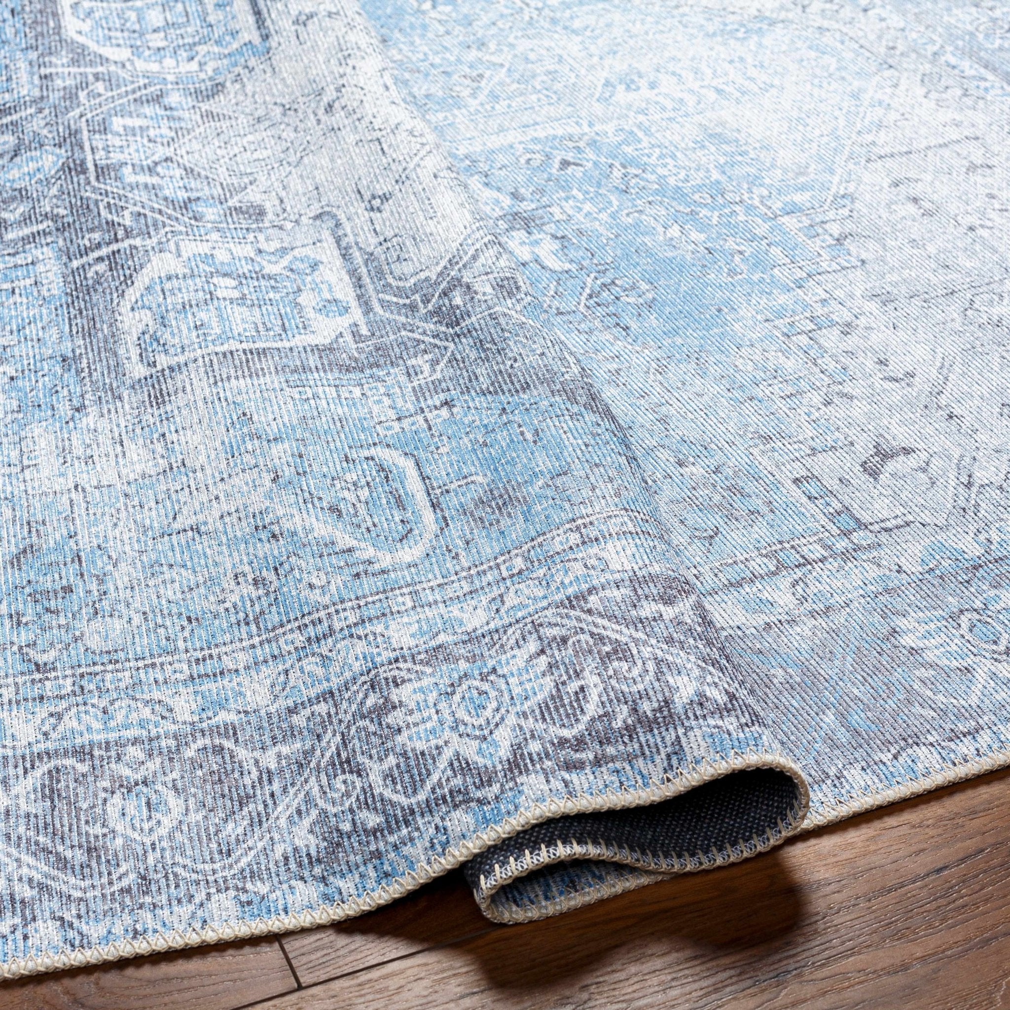 Ivory, Blue and Charcoal Traditional Medallion Design Washable Area Rug - Image 12