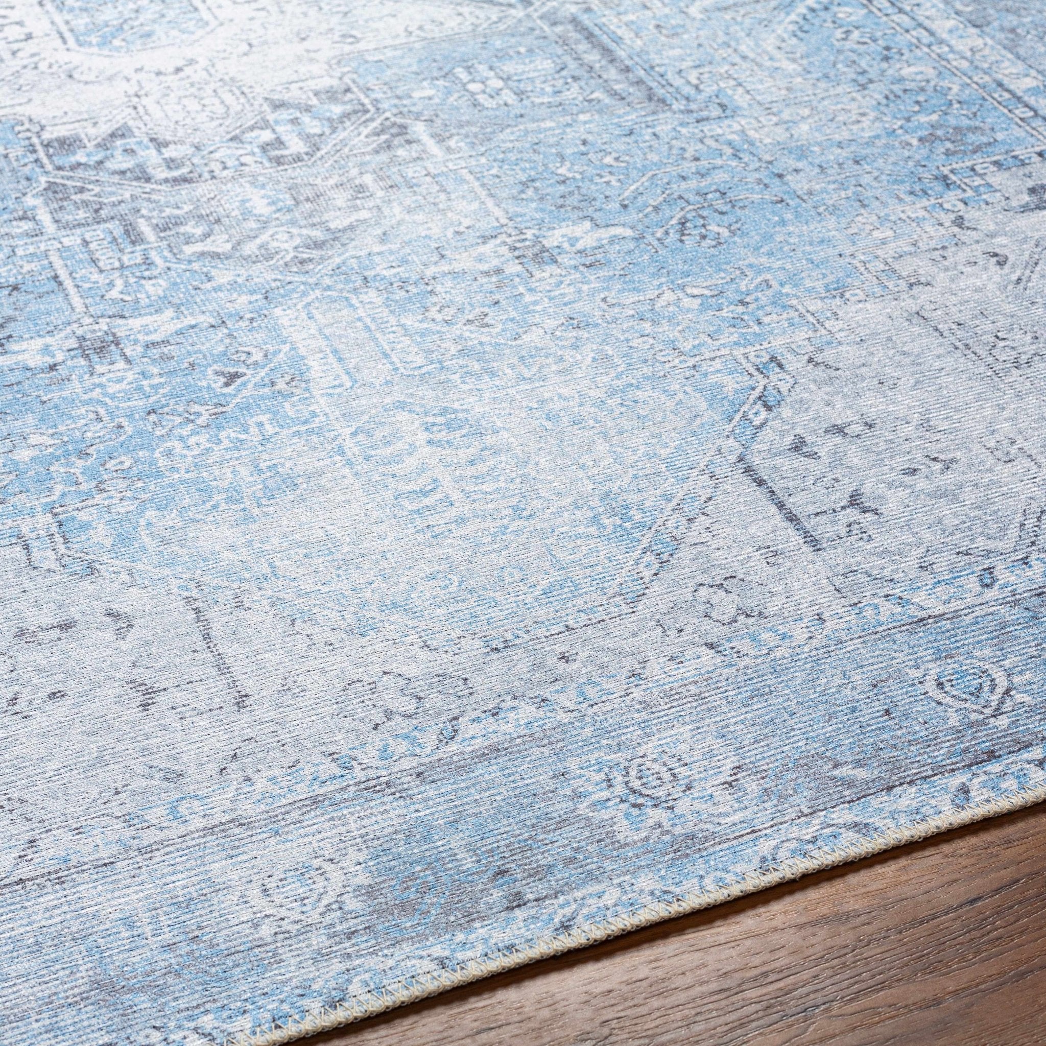 Ivory, Blue and Charcoal Traditional Medallion Design Washable Area Rug - Image 13