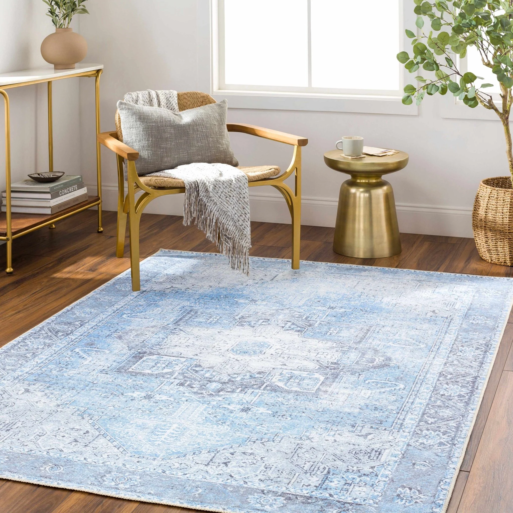 Ivory, Blue and Charcoal Traditional Medallion Design Washable Area Rug - Image 14