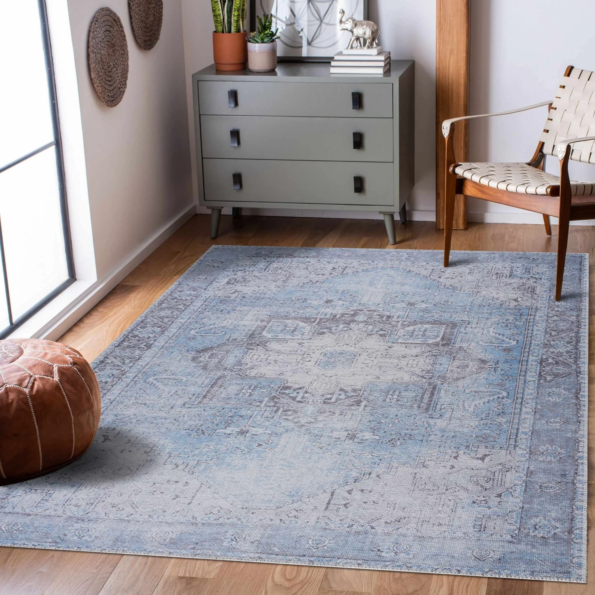 Ivory, Blue and Charcoal Traditional Medallion Design Washable Area Rug - Image 2
