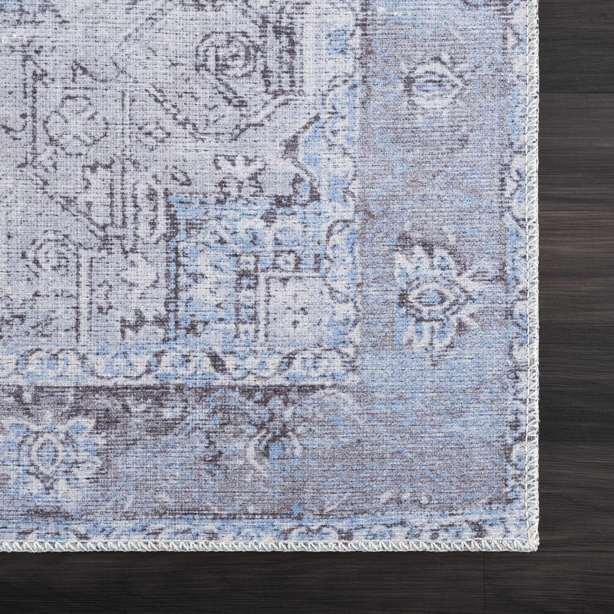 Ivory, Blue and Charcoal Traditional Medallion Design Washable Area Rug - Image 3