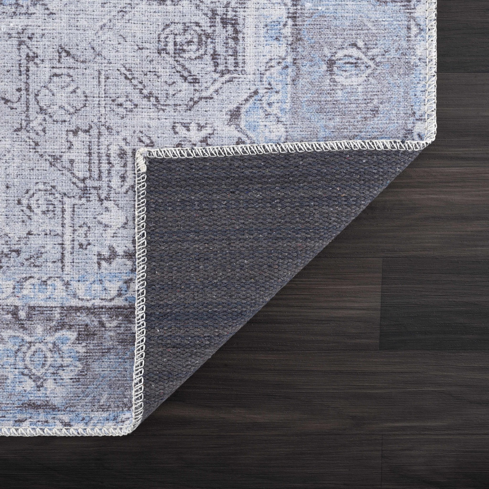 Ivory, Blue and Charcoal Traditional Medallion Design Washable Area Rug - Image 4