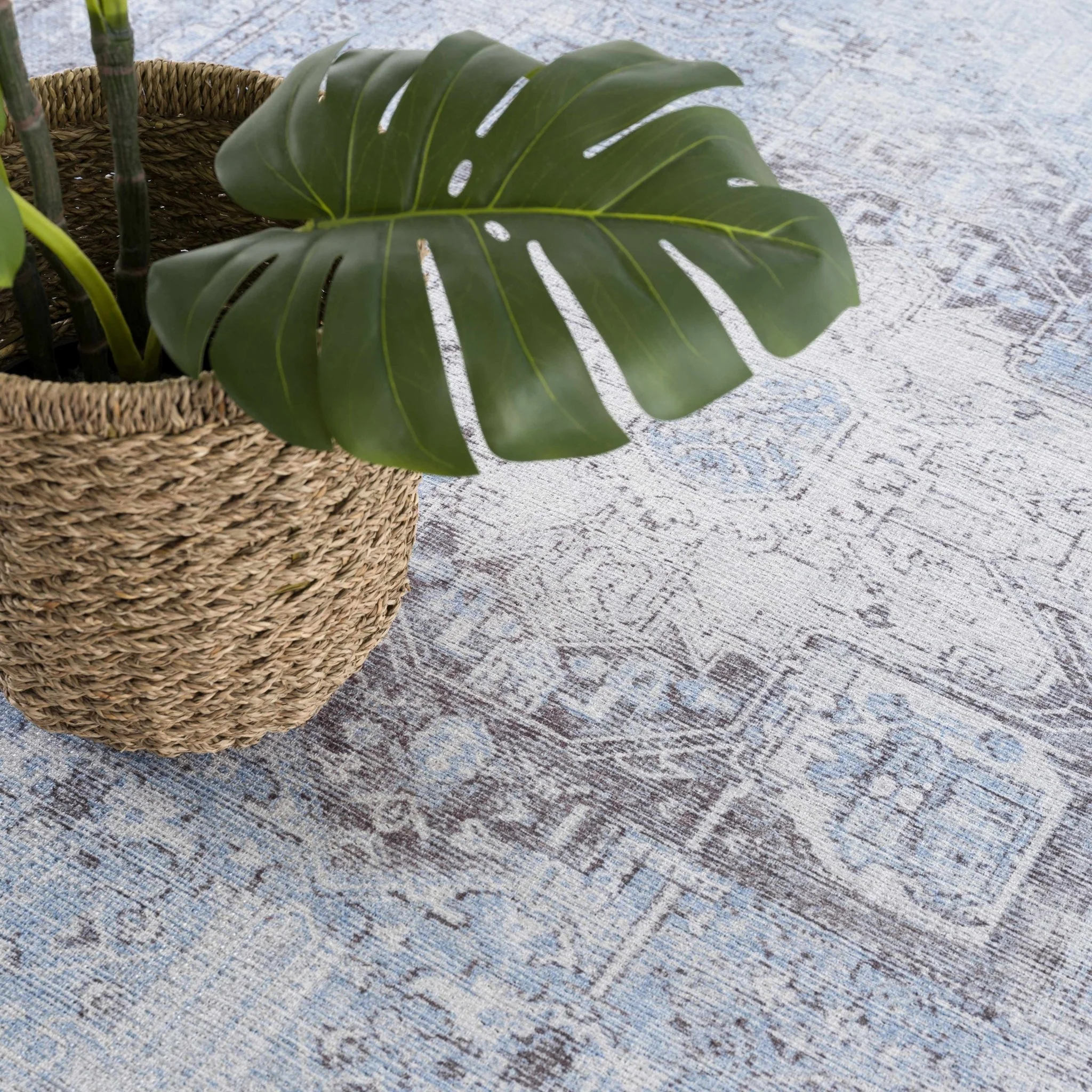 Ivory, Blue and Charcoal Traditional Medallion Design Washable Area Rug - Image 6