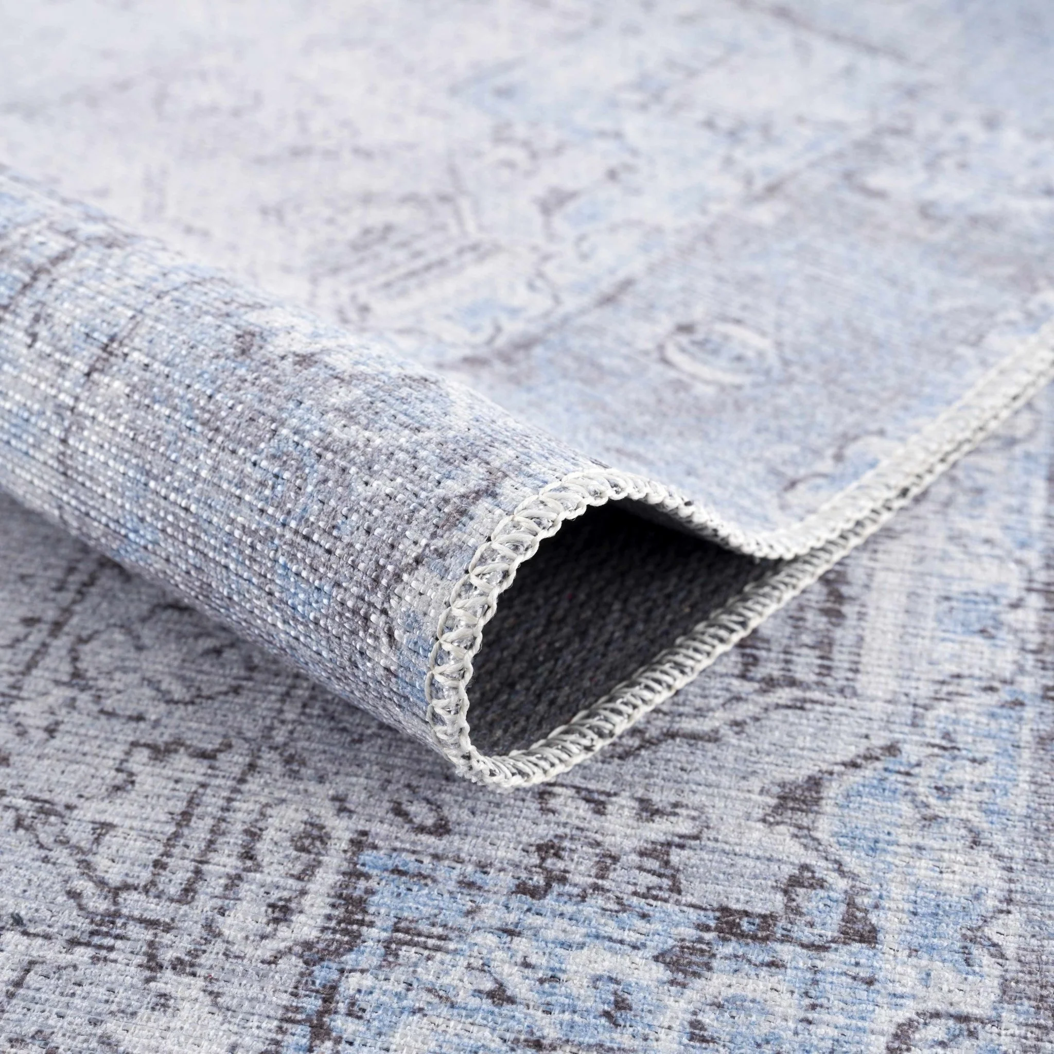 Ivory, Blue and Charcoal Traditional Medallion Design Washable Area Rug - Image 7