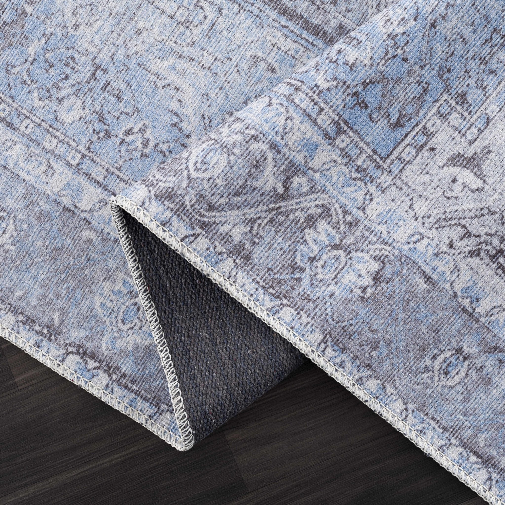 Ivory, Blue and Charcoal Traditional Medallion Design Washable Area Rug - Image 9
