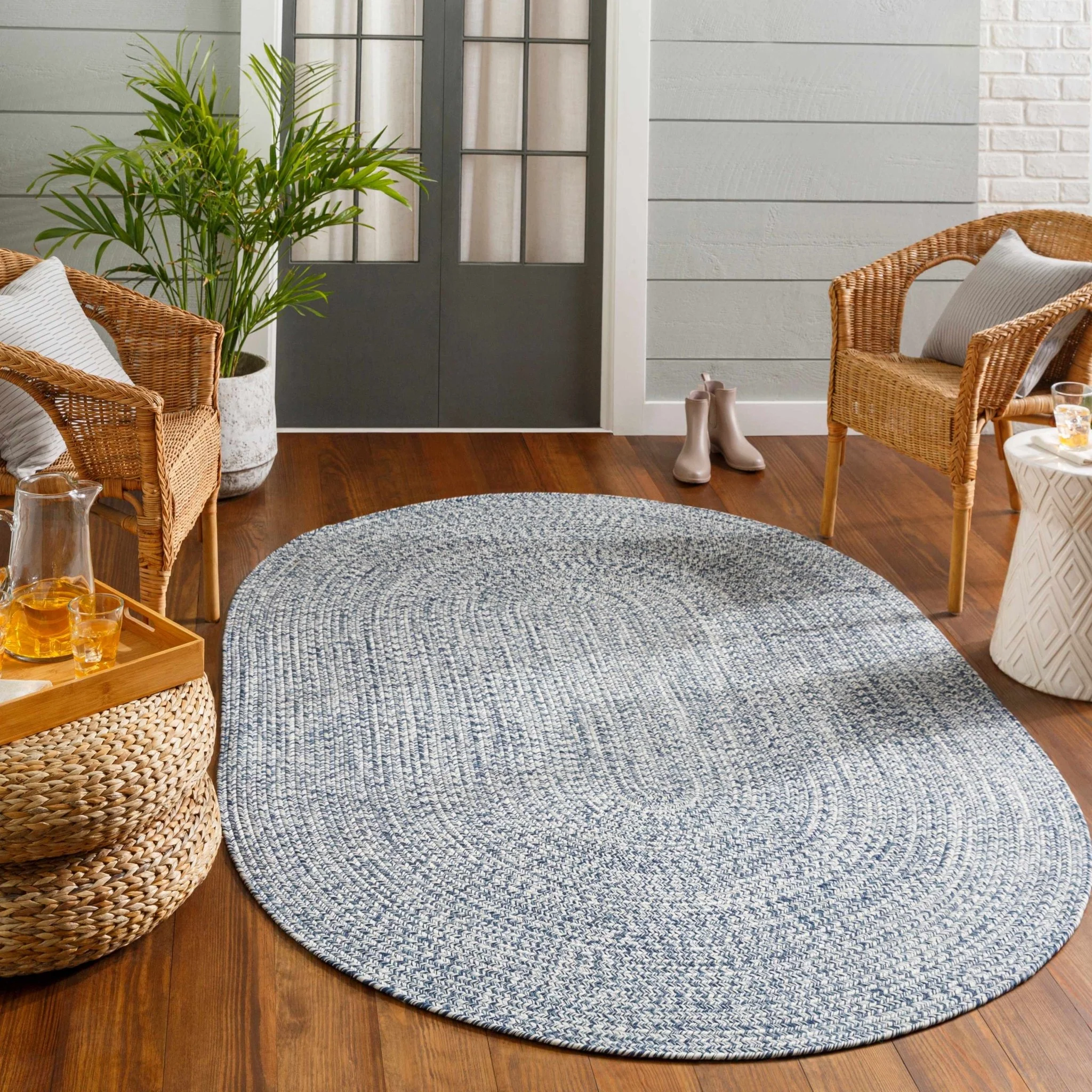 Ivory, Blue and Gray Chevron Design Braided Outdoor safe area Rug - Image 14