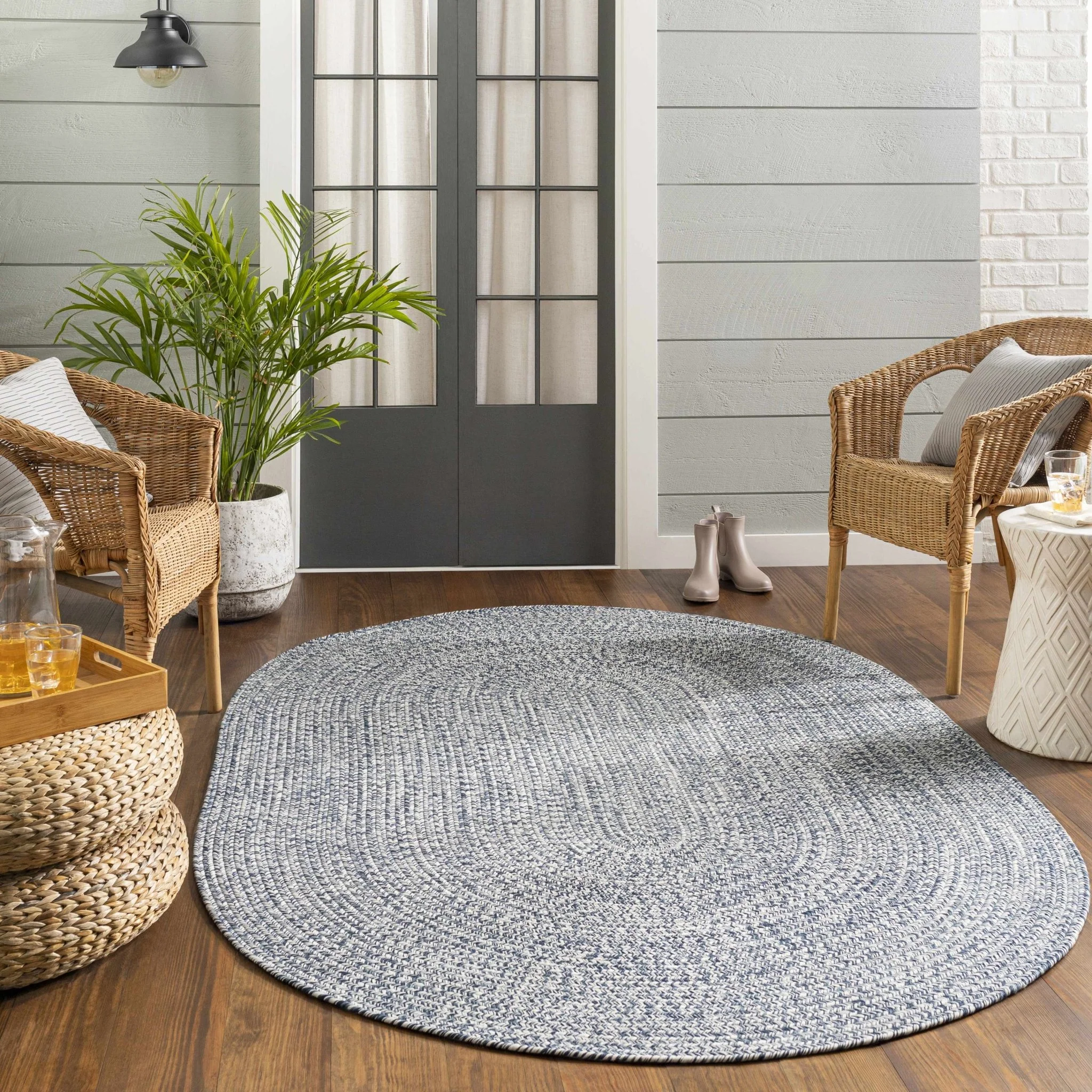 Ivory, Blue and Gray Chevron Design Braided Outdoor safe area Rug - Image 15