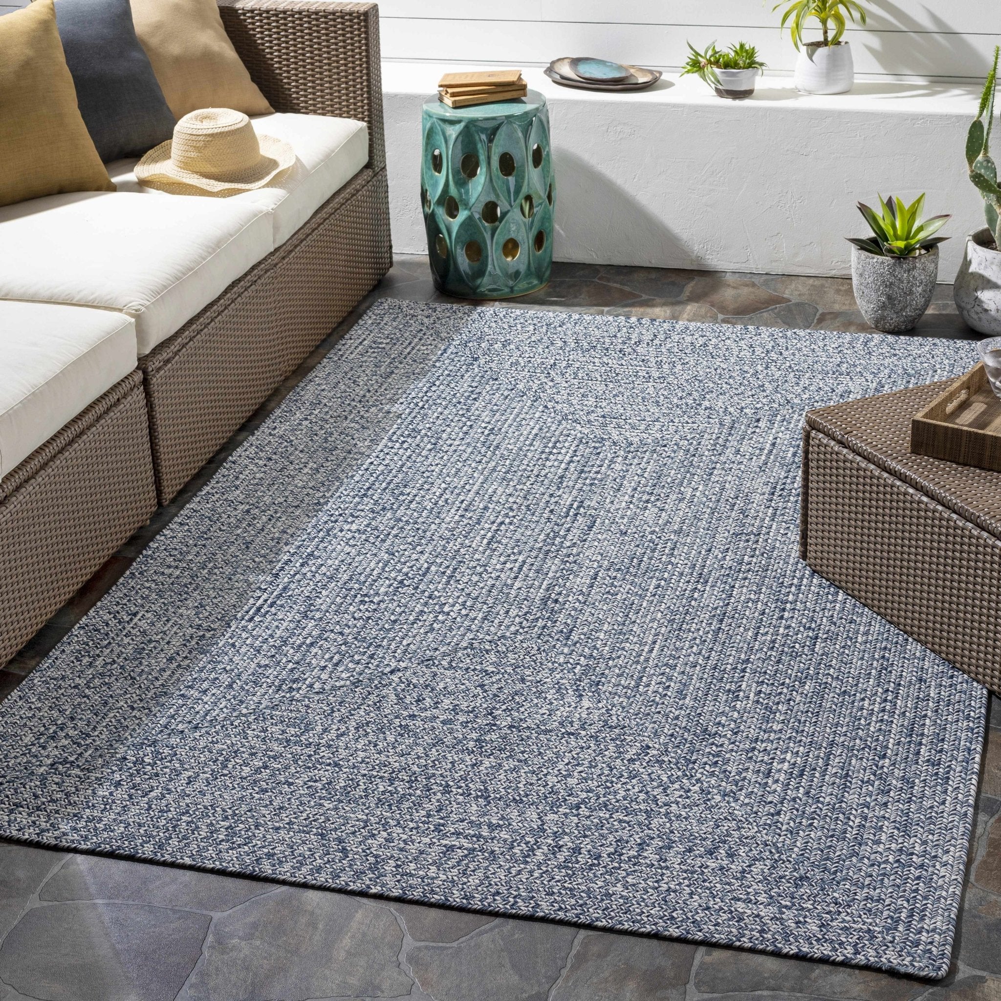 Ivory, Blue and Gray Chevron Design Braided Outdoor safe area Rug - Image 2