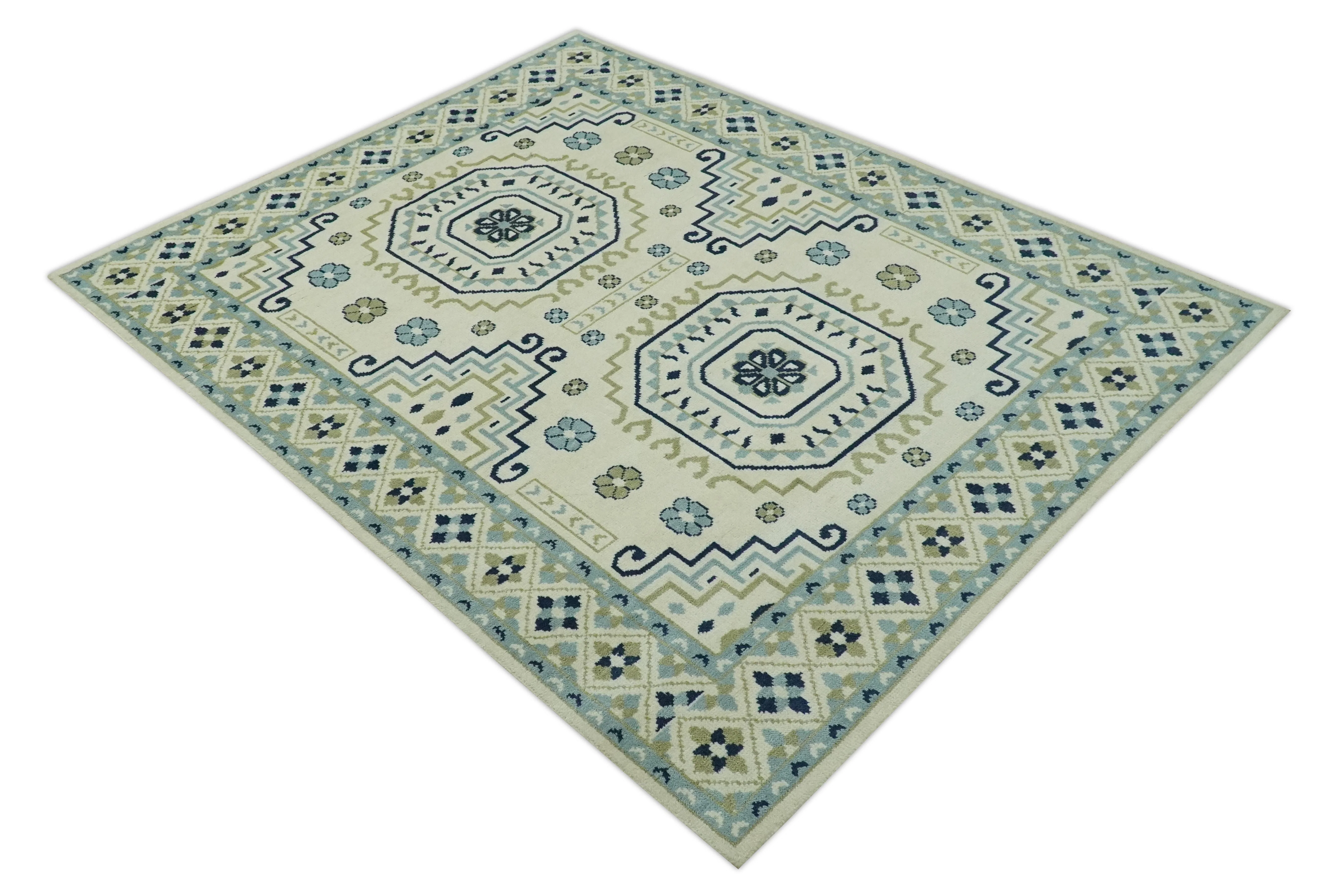Ivory, Blue and Olive Traditional Mamluk design Custom Made wool area Rug - Image 10