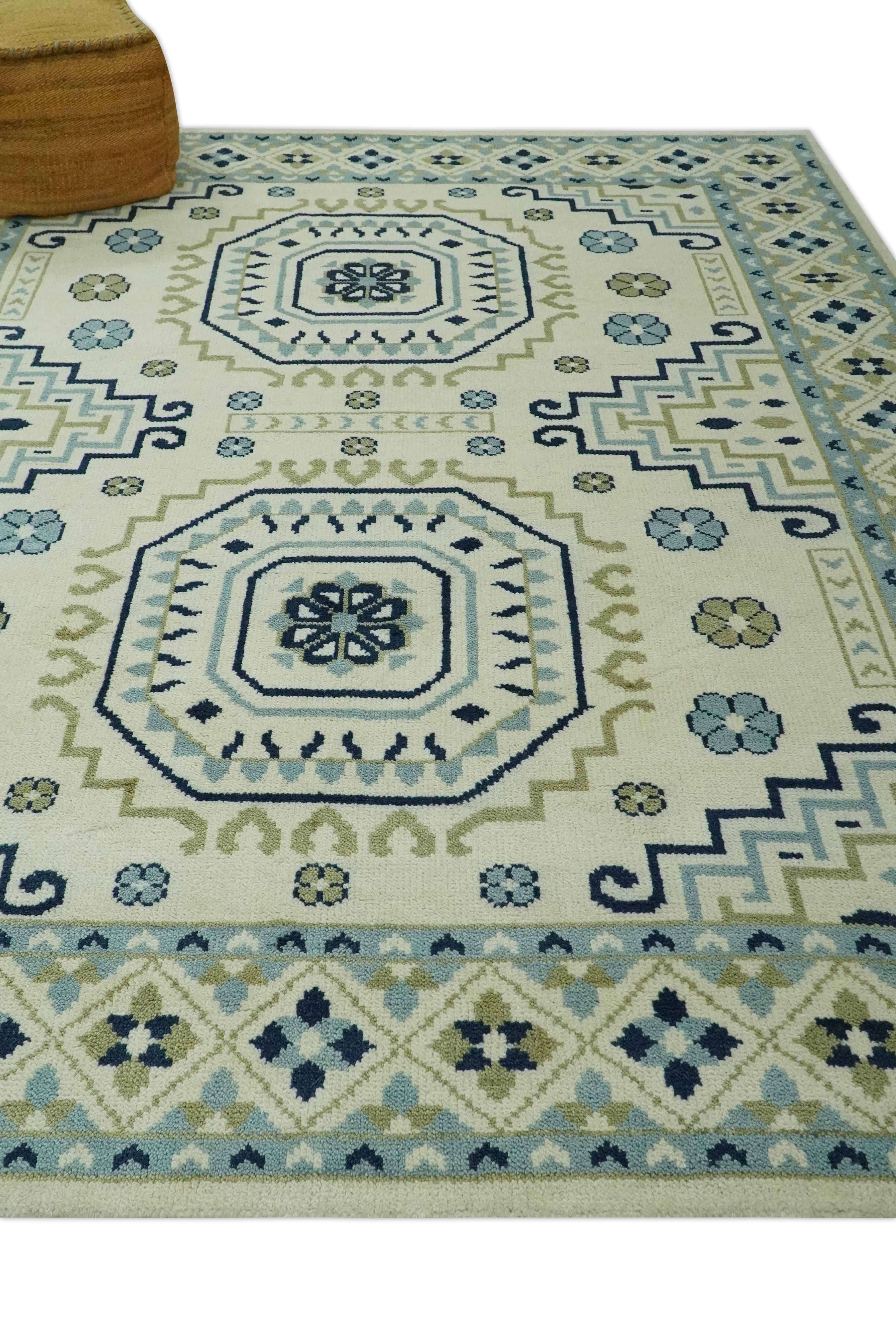 Ivory, Blue and Olive Traditional Mamluk design Custom Made wool area Rug - Image 2