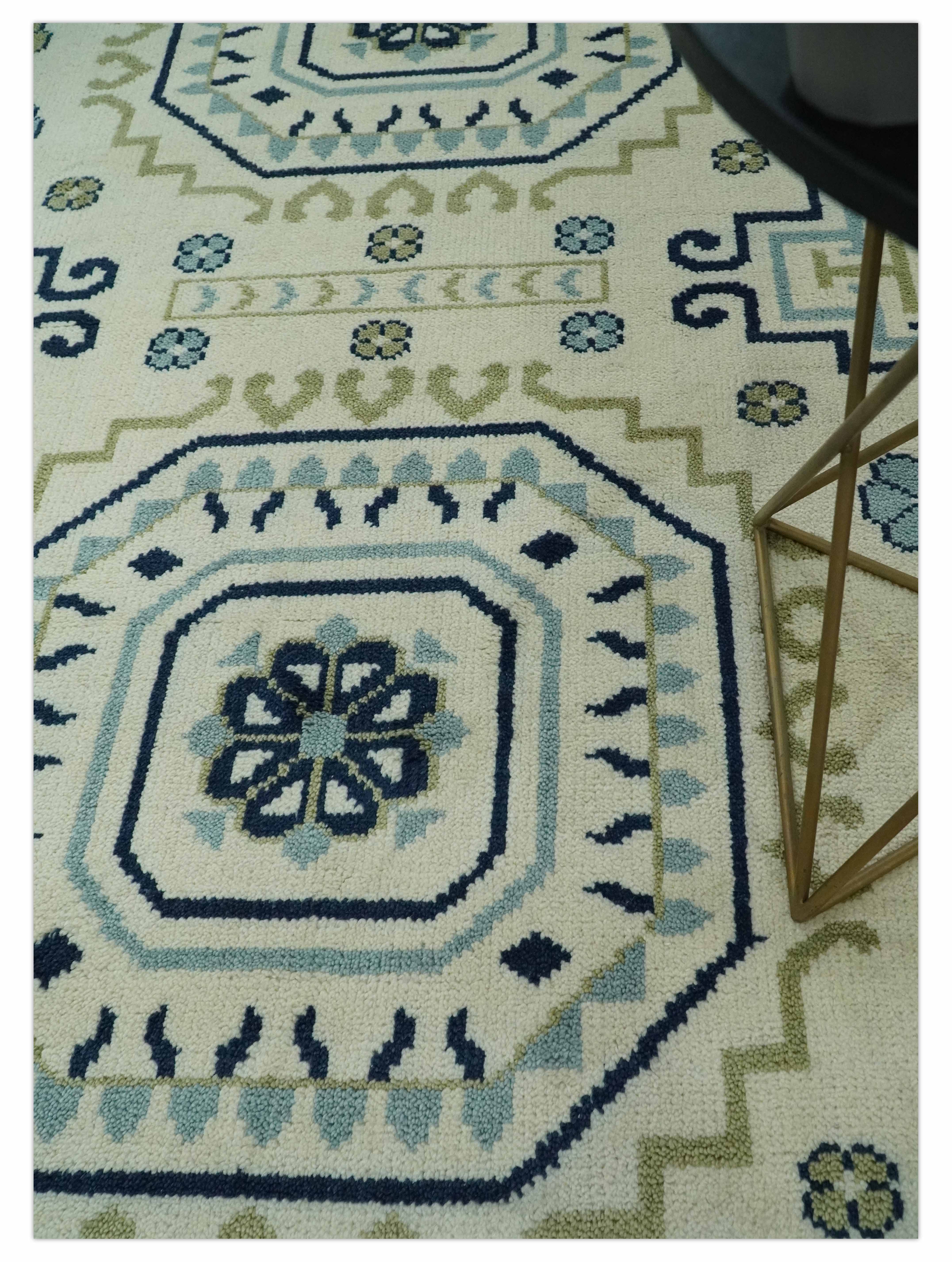 Ivory, Blue and Olive Traditional Mamluk design Custom Made wool area Rug - Image 3
