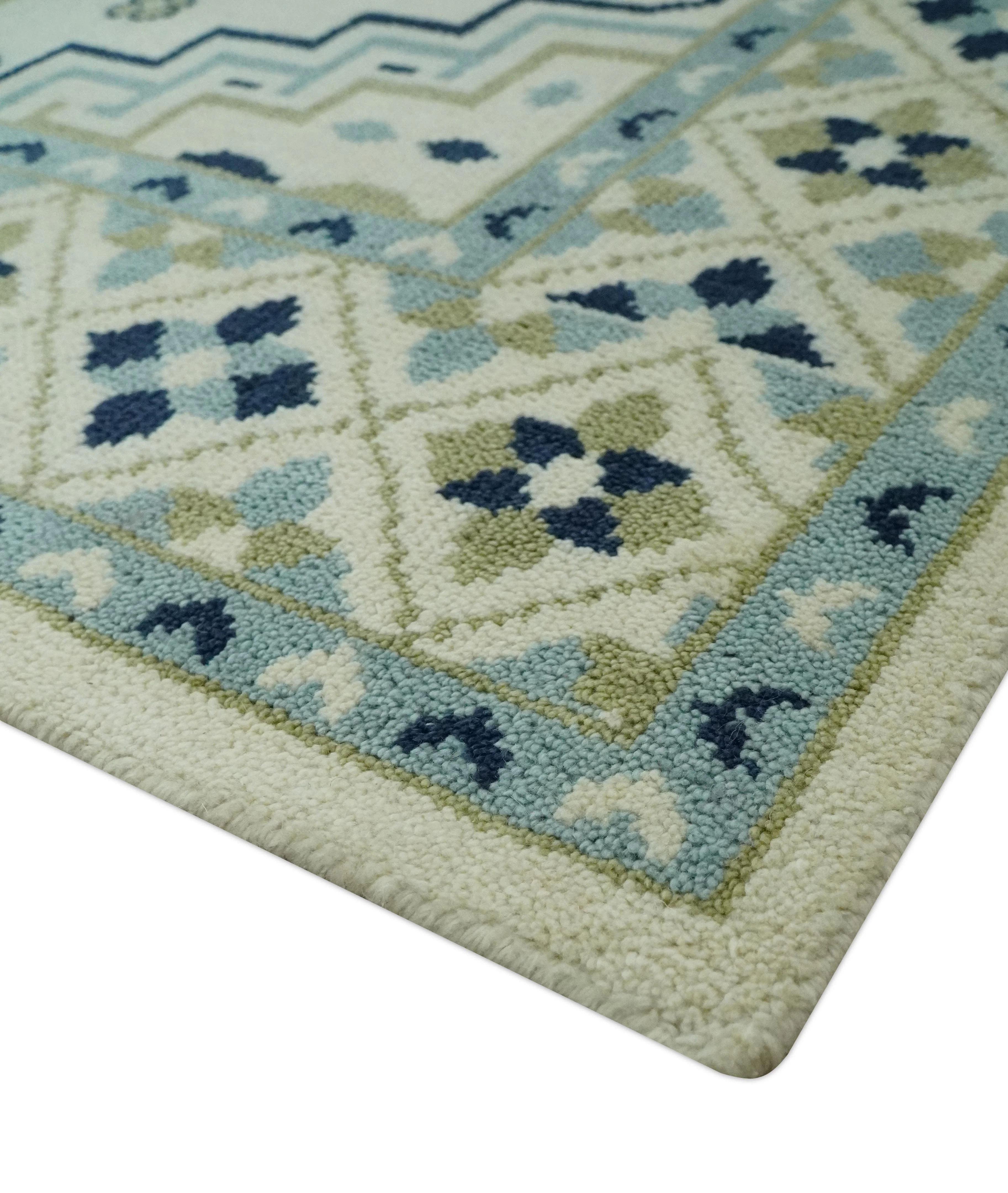 Ivory, Blue and Olive Traditional Mamluk design Custom Made wool area Rug - Image 5