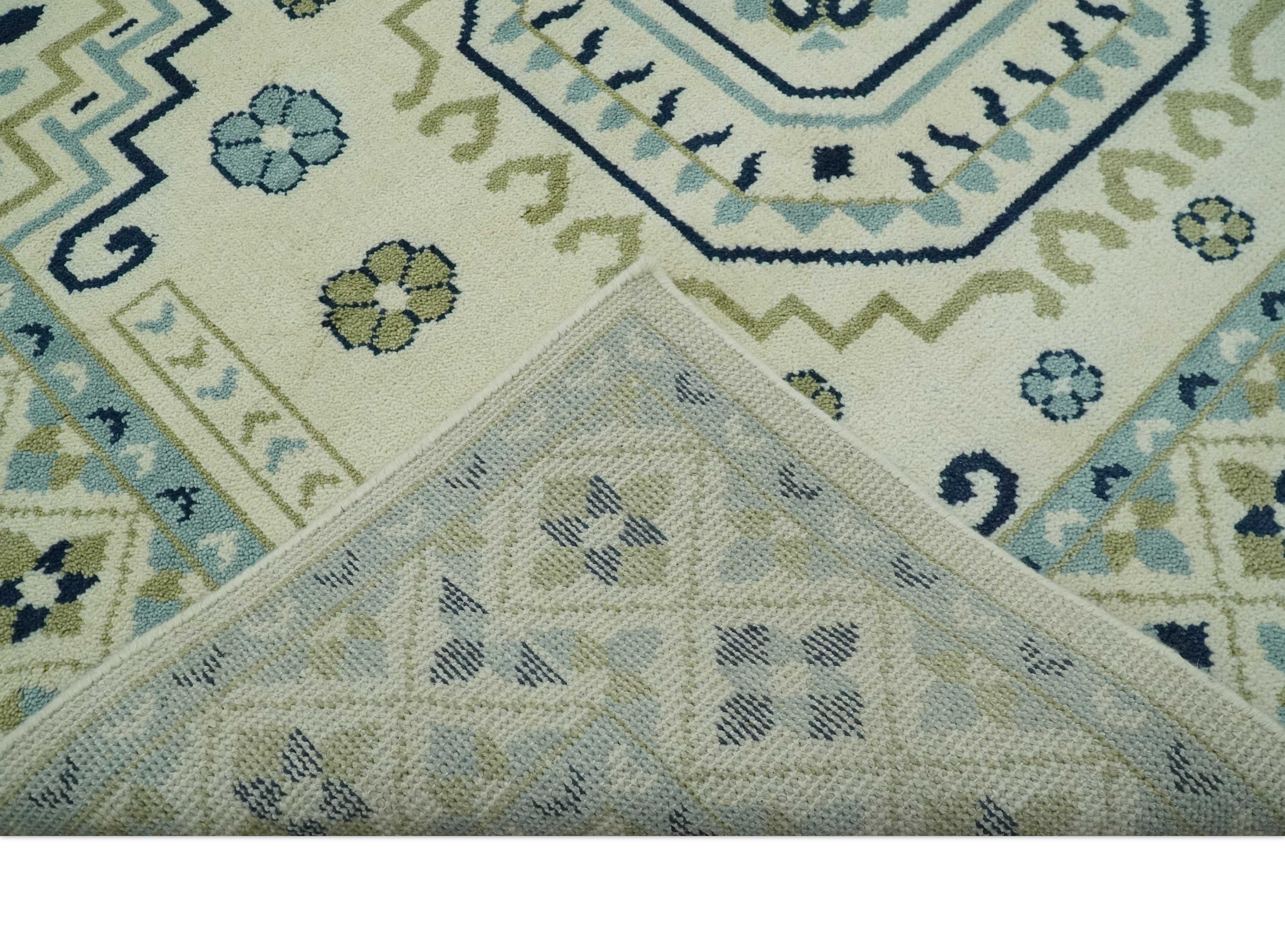 Ivory, Blue and Olive Traditional Mamluk design Custom Made wool area Rug - Image 7