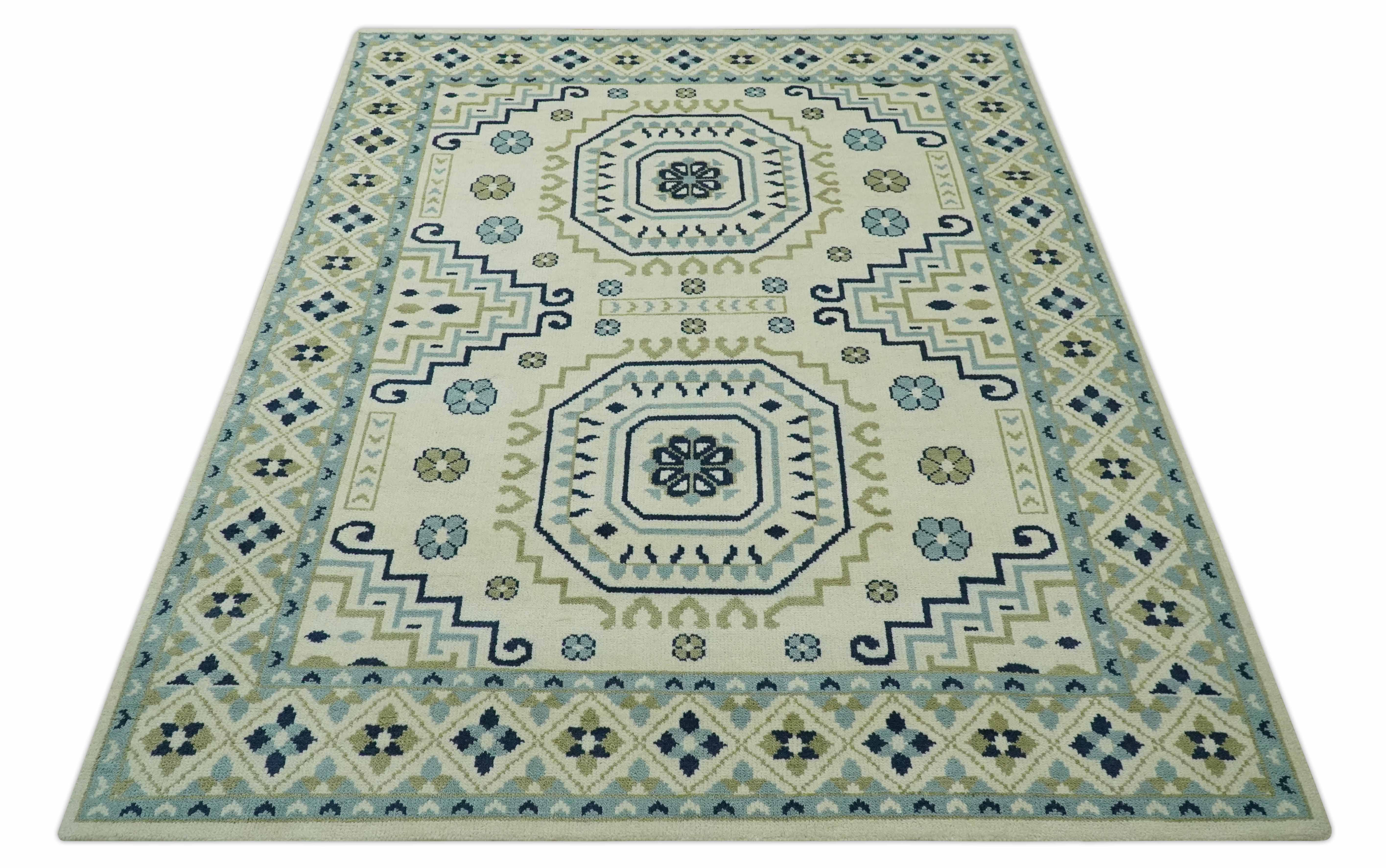 Ivory, Blue and Olive Traditional Mamluk design Custom Made wool area Rug - Image 9