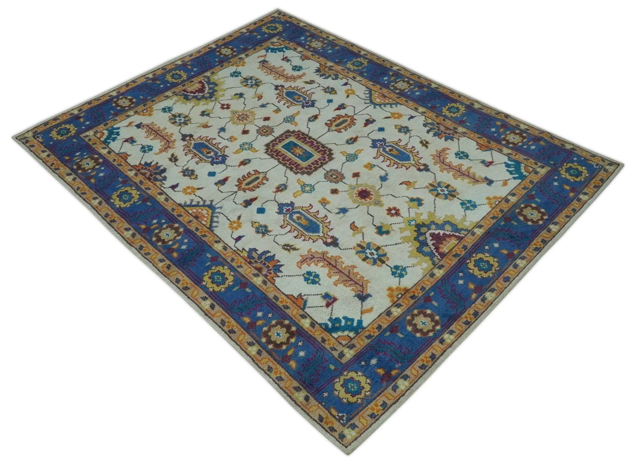 Vibrant Colorful Ivory, Blue, Beige and Peach Hand Knotted Traditional Floral Oriental Oushak Multi Size wool Area Rug - Image 4
