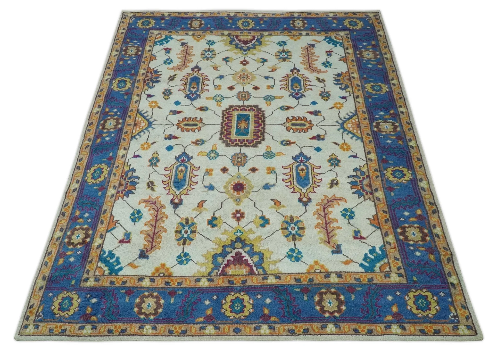 Vibrant Colorful Ivory, Blue, Beige and Peach Hand Knotted Traditional Floral Oriental Oushak Multi Size wool Area Rug - Image 5