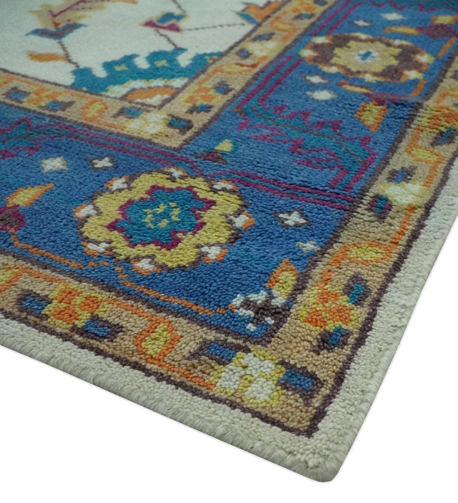 Vibrant Colorful Ivory, Blue, Beige and Peach Hand Knotted Traditional Floral Oriental Oushak Multi Size wool Area Rug - Image 7