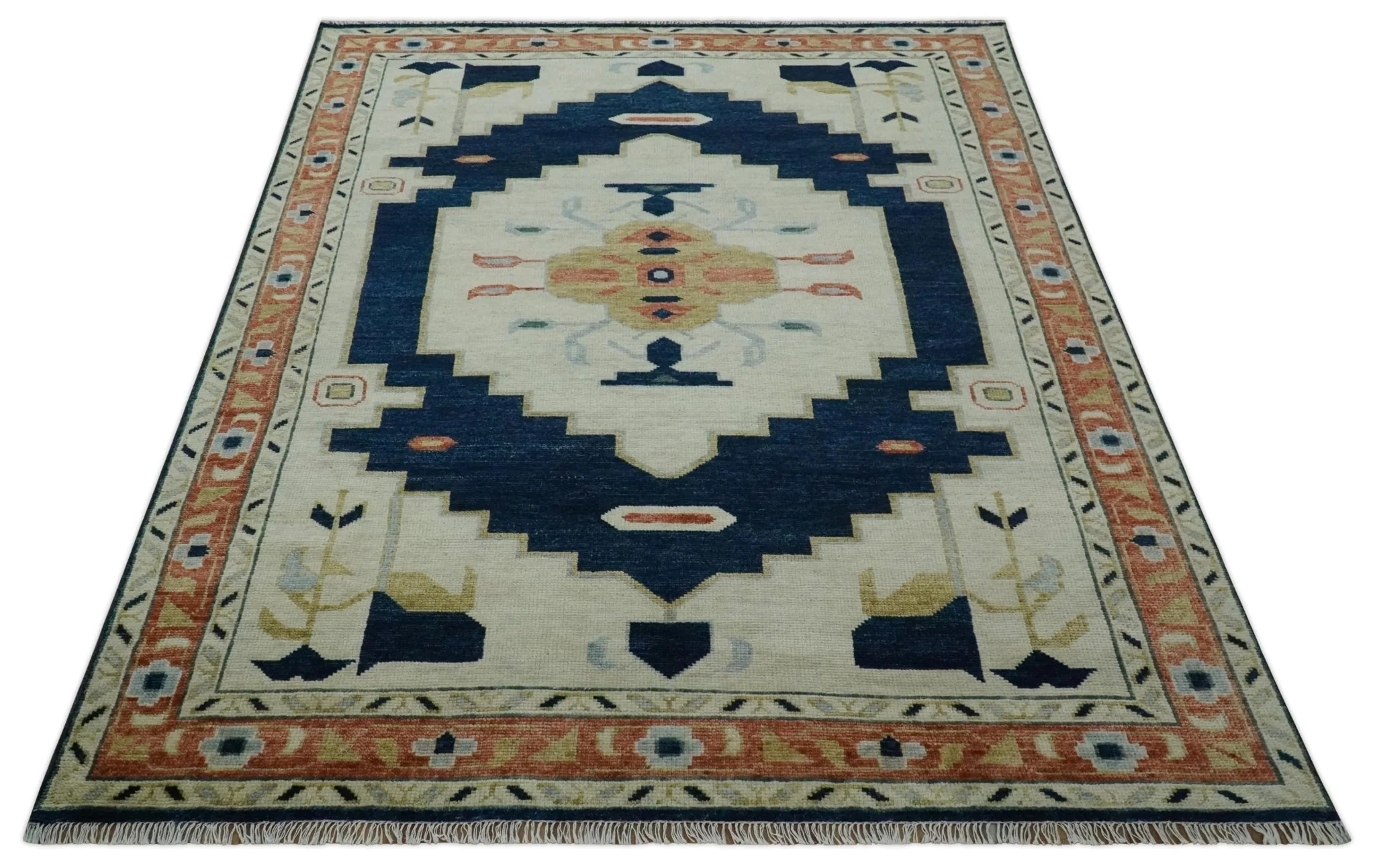Custom Made Ivory, Blue, Beige and Rust Hand Knotted Traditional Heriz Wool Area Rug - Image 10