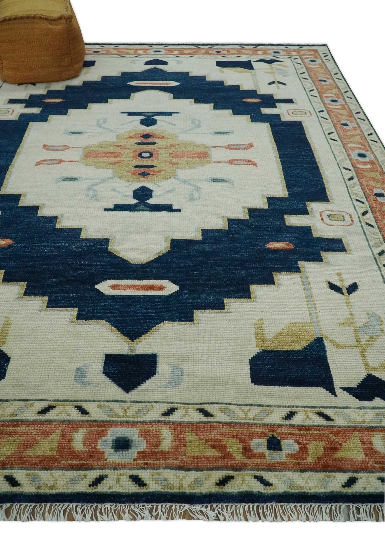 Custom Made Ivory, Blue, Beige and Rust Hand Knotted Traditional Heriz Wool Area Rug - Image 3