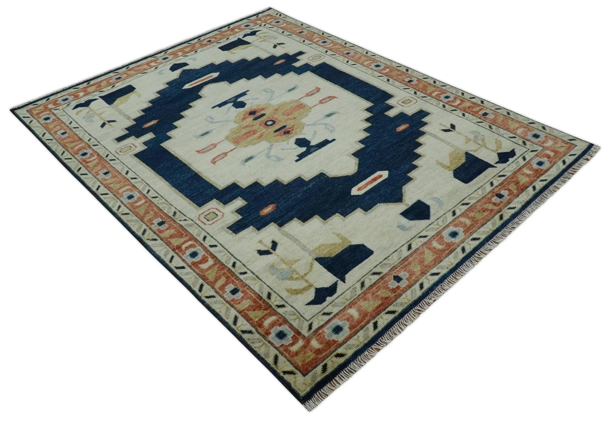 Custom Made Ivory, Blue, Beige and Rust Hand Knotted Traditional Heriz Wool Area Rug - Image 9