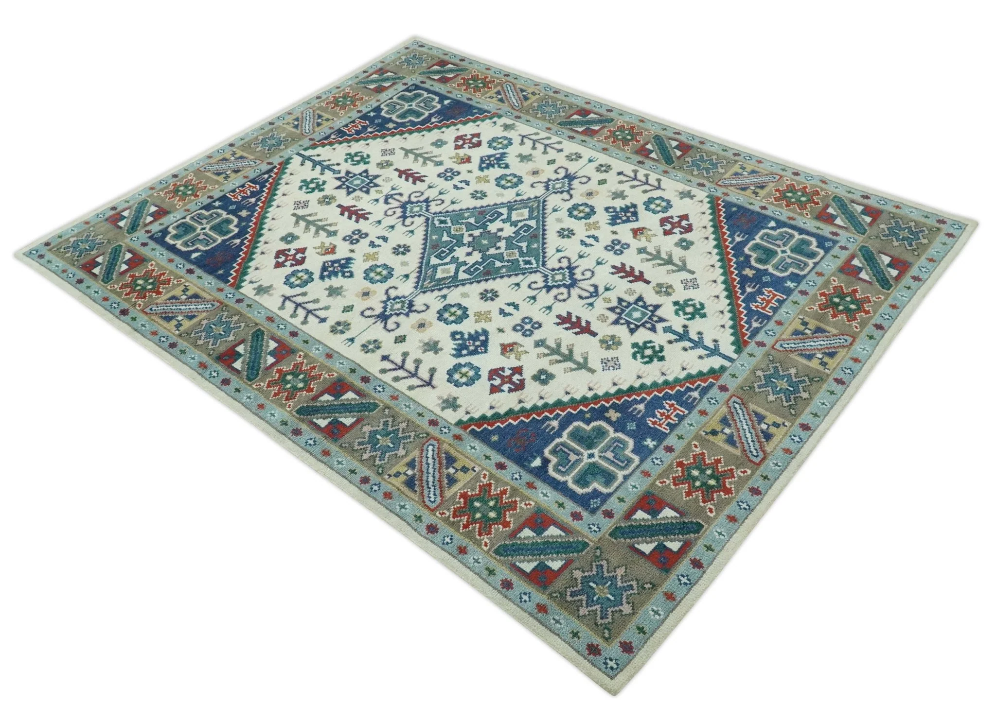 Custom Made Colorful Ivory, Blue, Brown and Teal Hand Knotted Traditional Heriz size wool Area Rug - Image 10